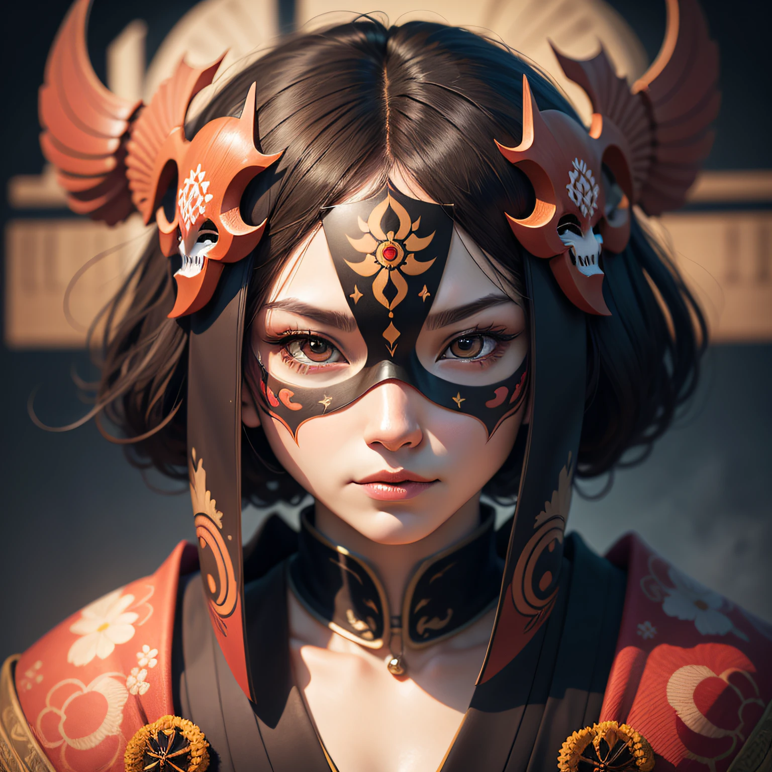 Portrait mask, illustrator, vector illustration, masterpiece, high quality, 8k, high resolution, high detail, japanese, onmyoji, (panru: 1.2), horror, evil, close-up, facing the audience, japanese pattern background