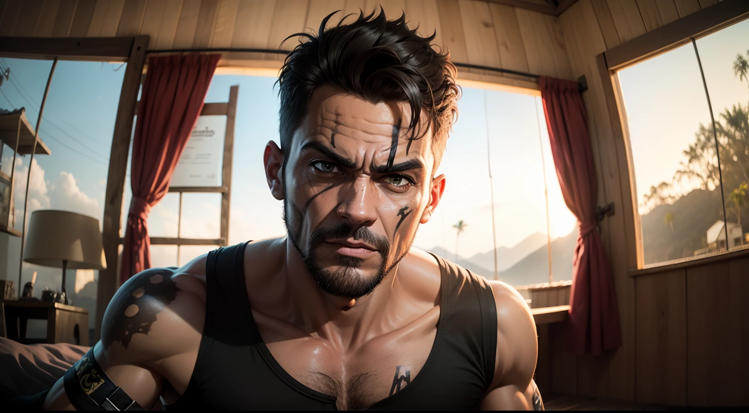 VaasFar, 1boy, male focus, jewelry, solo, blood, facial hair, cigarette, earrings, necklace, smoking, profile, upper body, blurry, beard, blurry background, cosplay, injury, tank top, realistic, from side, stubble, black hair
<lora:epi_noiseoffset2:1>, <lora:VaasFar:0.7>