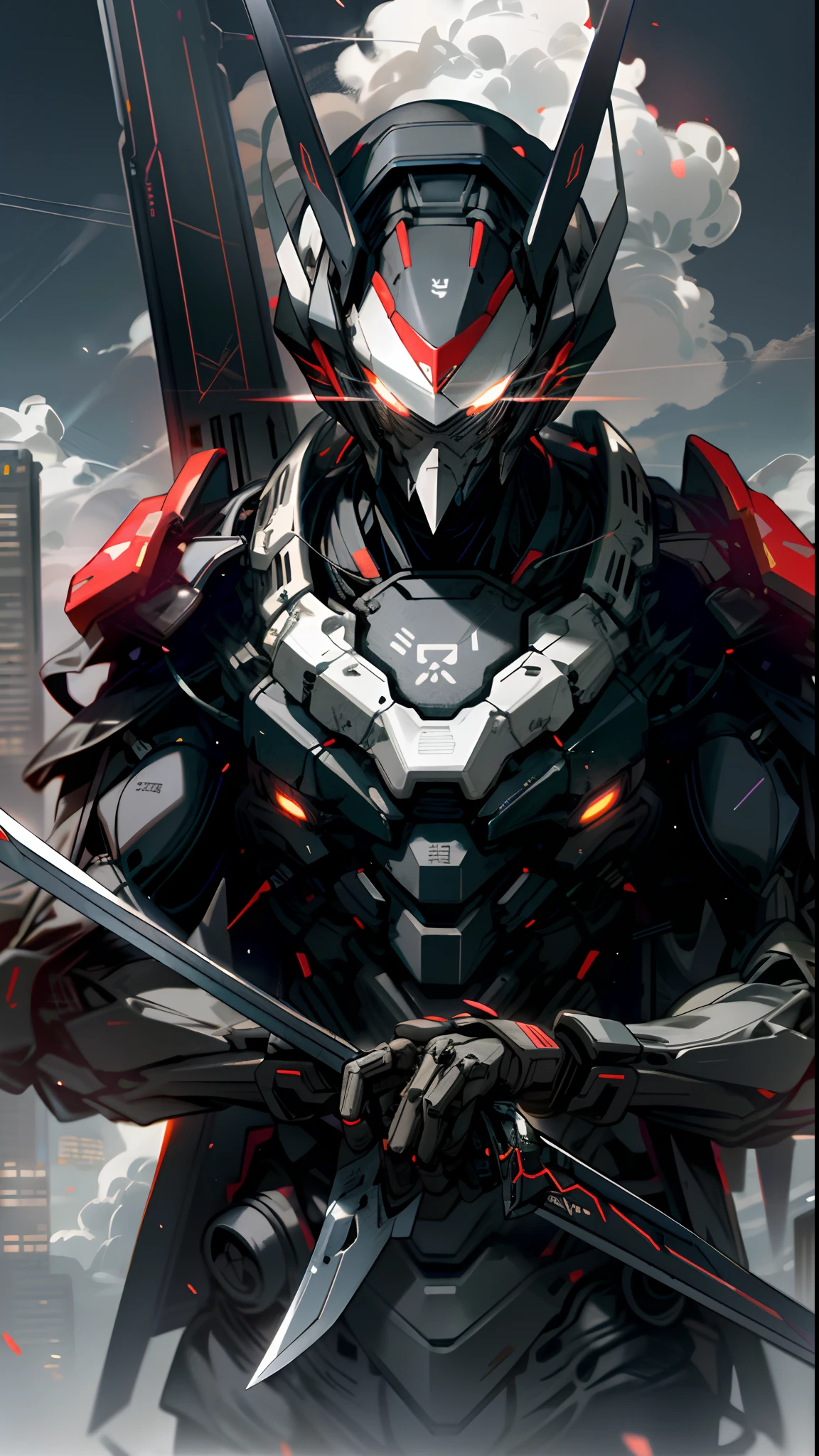 skyscraper night sky, cloud, holding_weapon, no_humans, glow, ninja robot, architecture, science fiction, urban, reality Upper body Straight ahead Luminous body Glowing red eyes Holding a sword Broad shoulders --v6