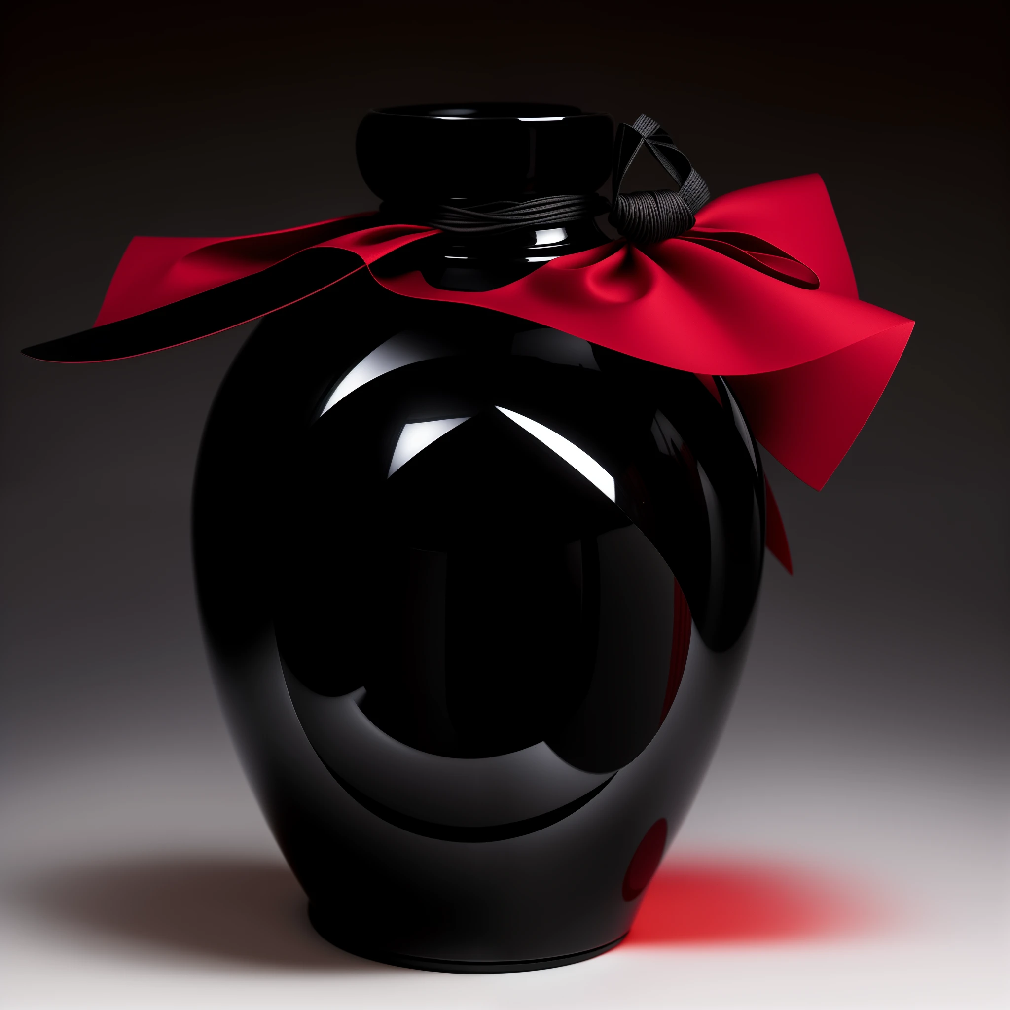 There is a black vase，It has a red bow on it, sake, inspired by Shūbun Tenshō, Tanjiro Kamado, ninchaku, lacquerware, author：Tan Yang Kano, it has a red and black paint, suiboku - ga ink, author：Xiu Wen Tianzheng