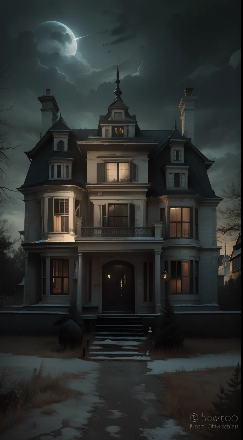Horror house and sky flying to black bird realistic ultra quality darkness