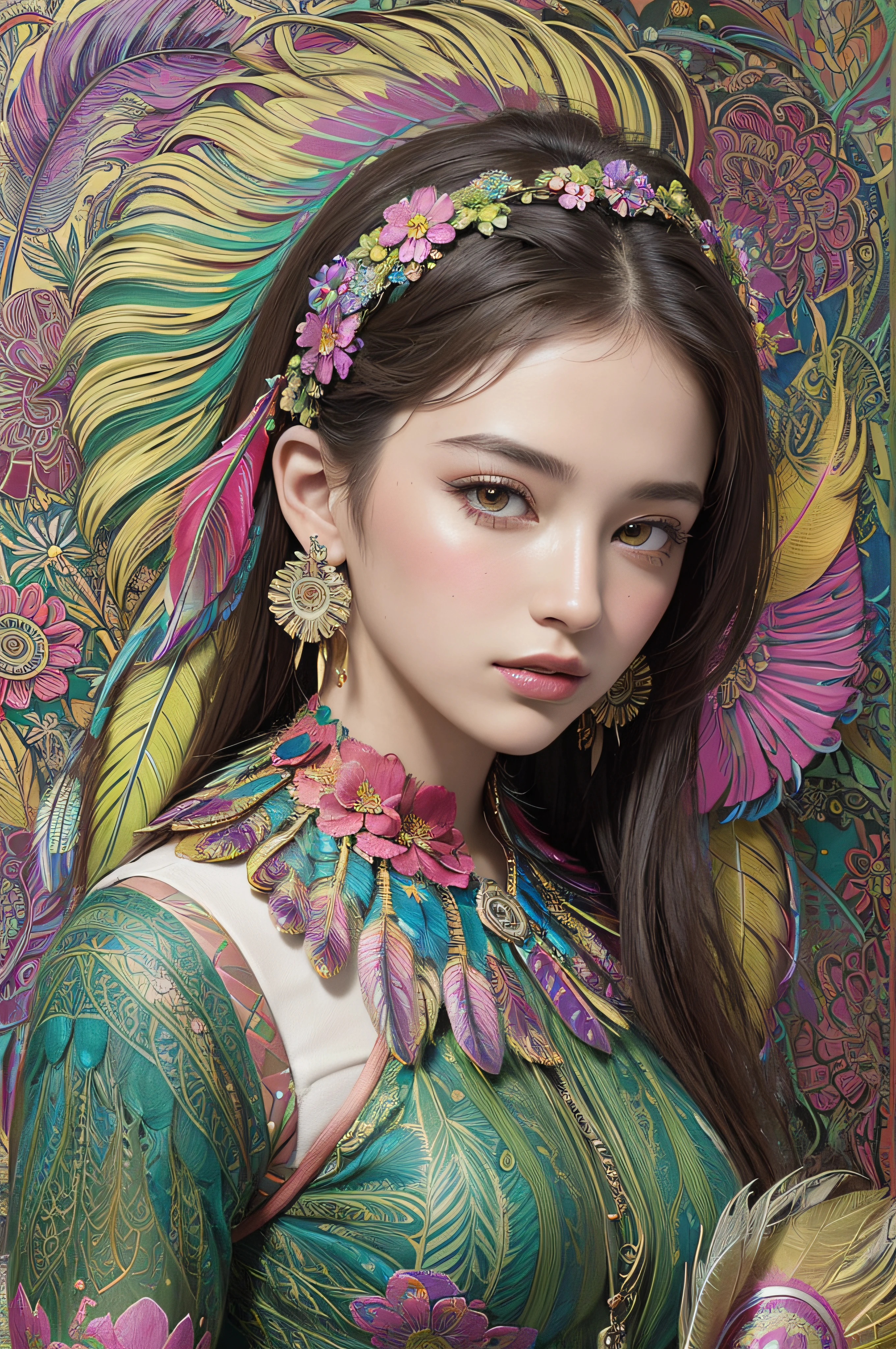 (masterpiece, top quality, best quality, official art, beautiful and aesthetic:1.2), (1girl:1.3), extremely detailed,(fractal art:1.1),(colorful:1.1)(flowers:1.3),highest detailed,(zentangle:1.2), full body, (abstract background:1.3), (shiny skin), (many colors:1.4), ,(earrings), (feathers:1.5),