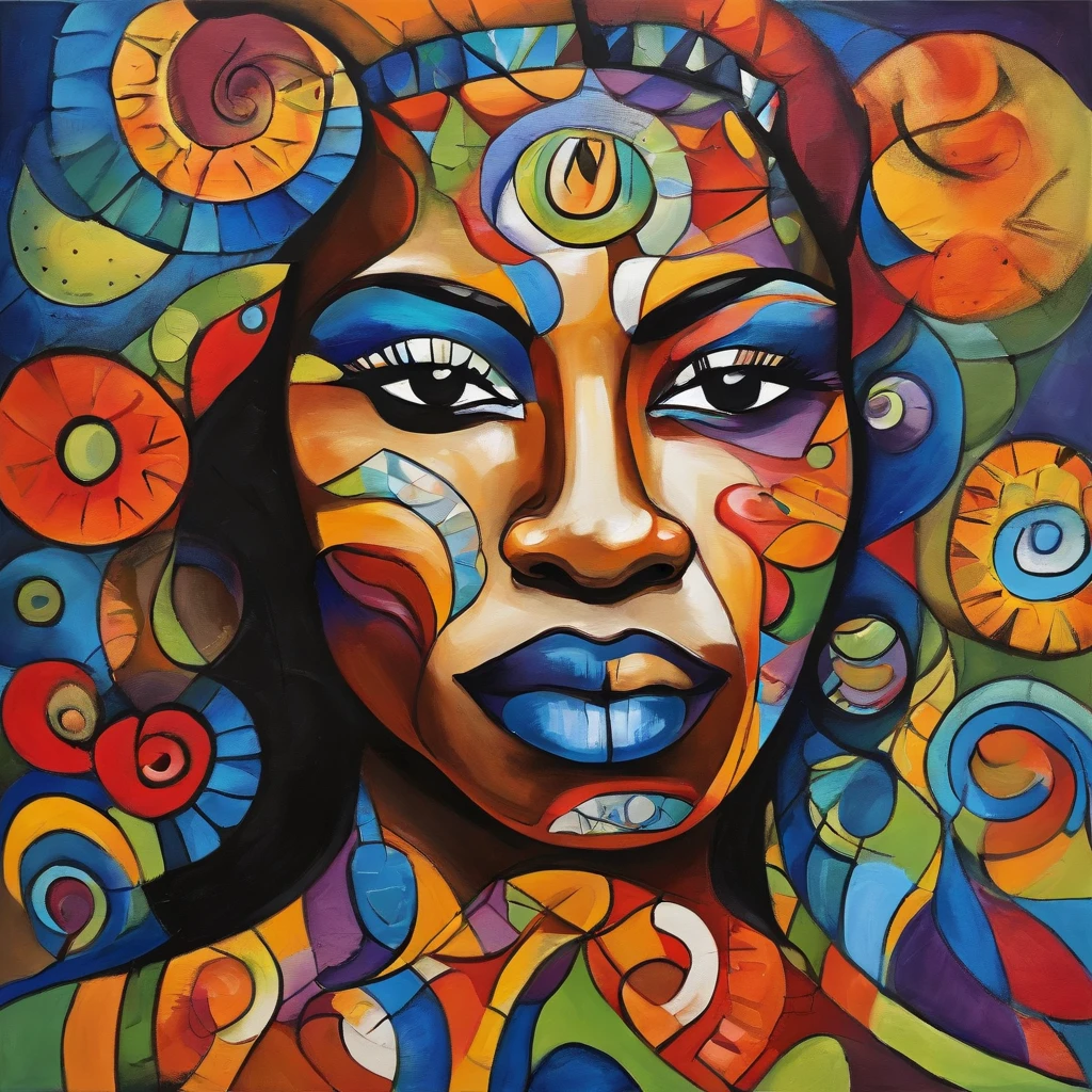 Face painting of black woman, Afro-Brazilian ethnicity, On a colorful background, Abstract face, Abstract portrait, Stylized face, pop art painting, Expressive detail face, Expressive female face, inspired by Picasso, pop art painting, Beautiful expressive painting, Detailed faces of Afro-Brazilian caste women, Detailed expression, in the Picasso style, cubism style