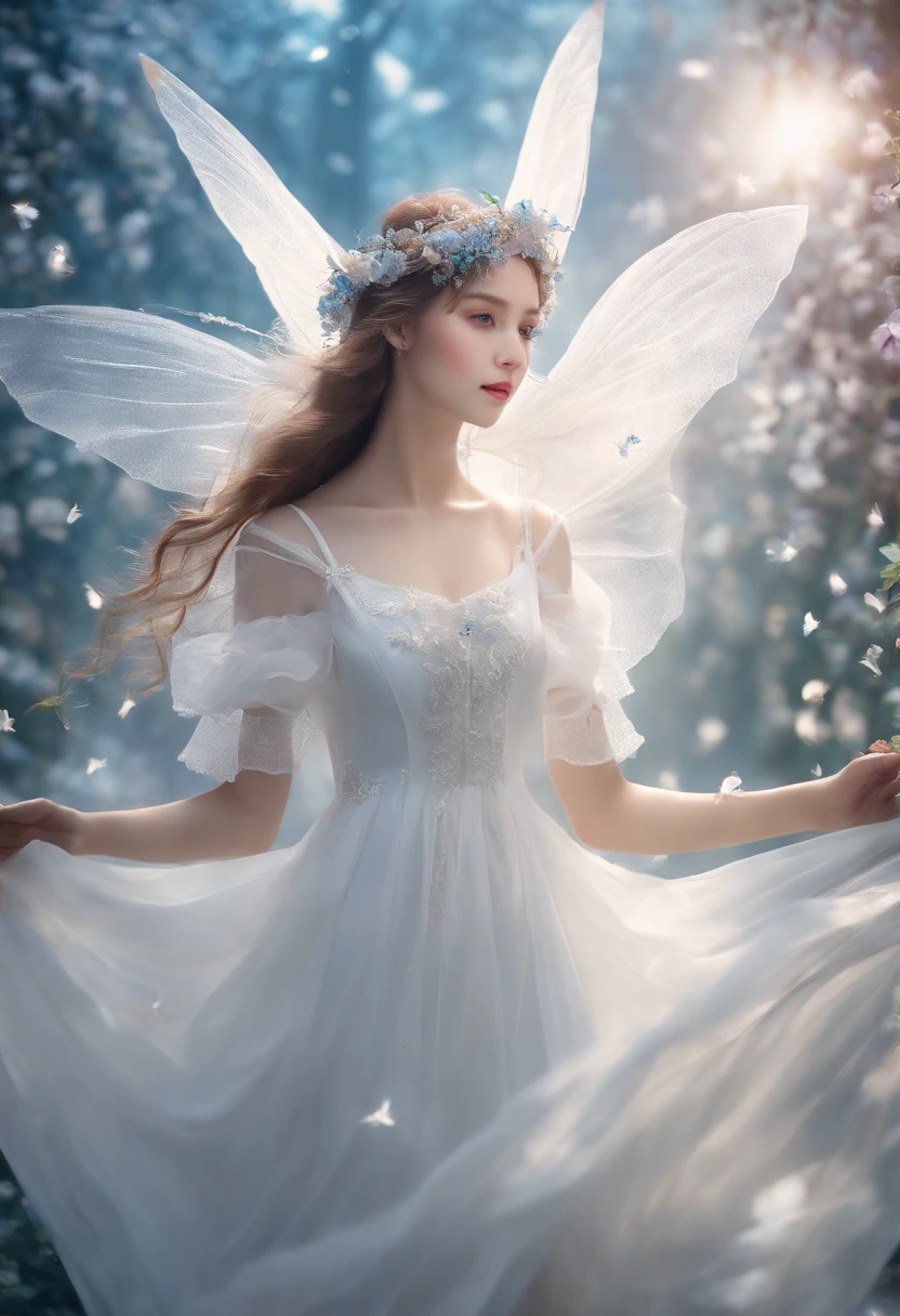 girl with、Walk among fairies dressed in bright white clothes and wearing beautiful reality、Ultra-detailed and precise、high-level image quality、Masterpeace、Best Quality、ultra -detail、blue eyess、