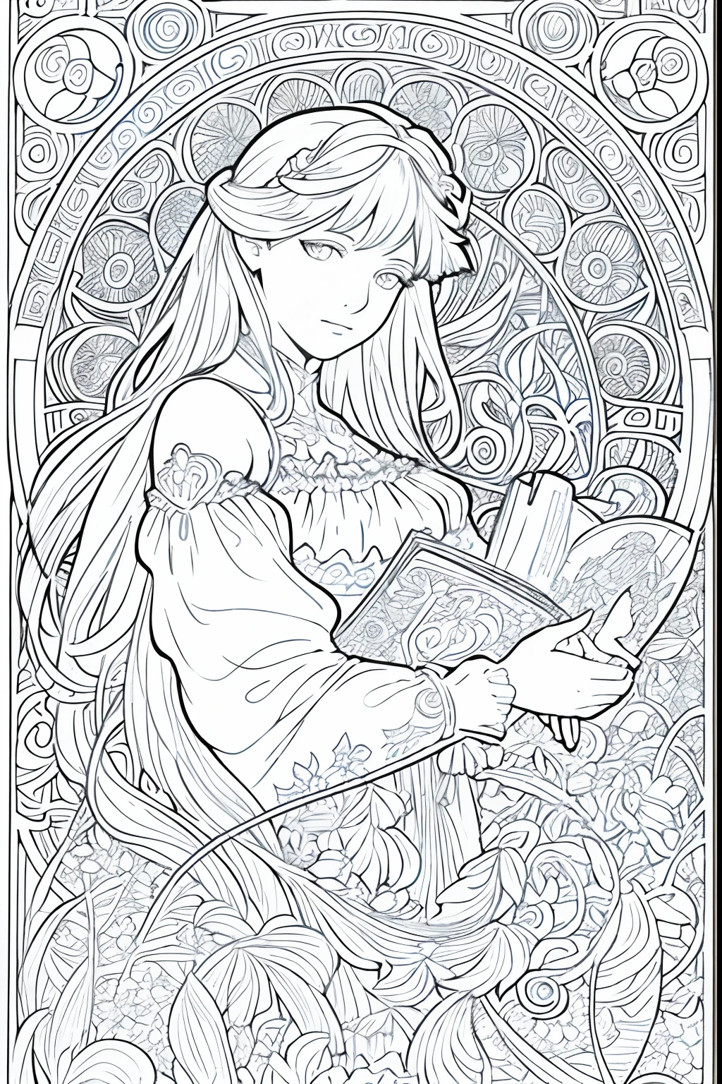 masterpiece, best quality, beautiful young woman in a flower garden, art nouveau picture by Alphonse Mucha, lineart, monochrome, coloring book page, no text, bold lines, dark lines