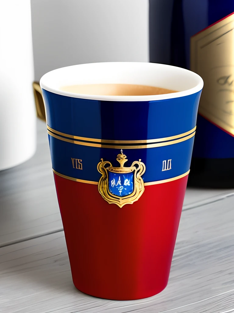 There was a cup of coffee next to it,Next to it was a bottle of white wine, royal insignia in background, crisp smooth lines, prussian blue and venetian red, Cobalt blue and pyrrole red, Fine portrait, glorious, kawa, celebration of coffee products, coffee mug, blue and red two - tone, vivd details, Indigo! and Venetian red!, morningglow
