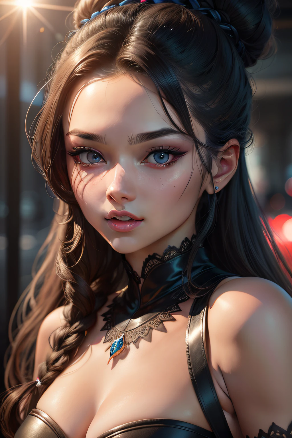 tmasterpiece, best qualtiy, 8k, beauitful face, highdetailskin, hyper-detailing, 超A high resolution, realisticlying, A high resolution, ,lens flare glow, (The top knot hair steamed bun:1.5),(Same makeup for both eyes:1.5),s the perfect face,Eyes of pull, Detailed lighting, Detailed eyes,Detailed skins, detailed shadow,Rally's skin,(Open mouth:1.02), (eye closeds:0.9),nomake-up,,looking_at_viewer,Upper body smoky makeup