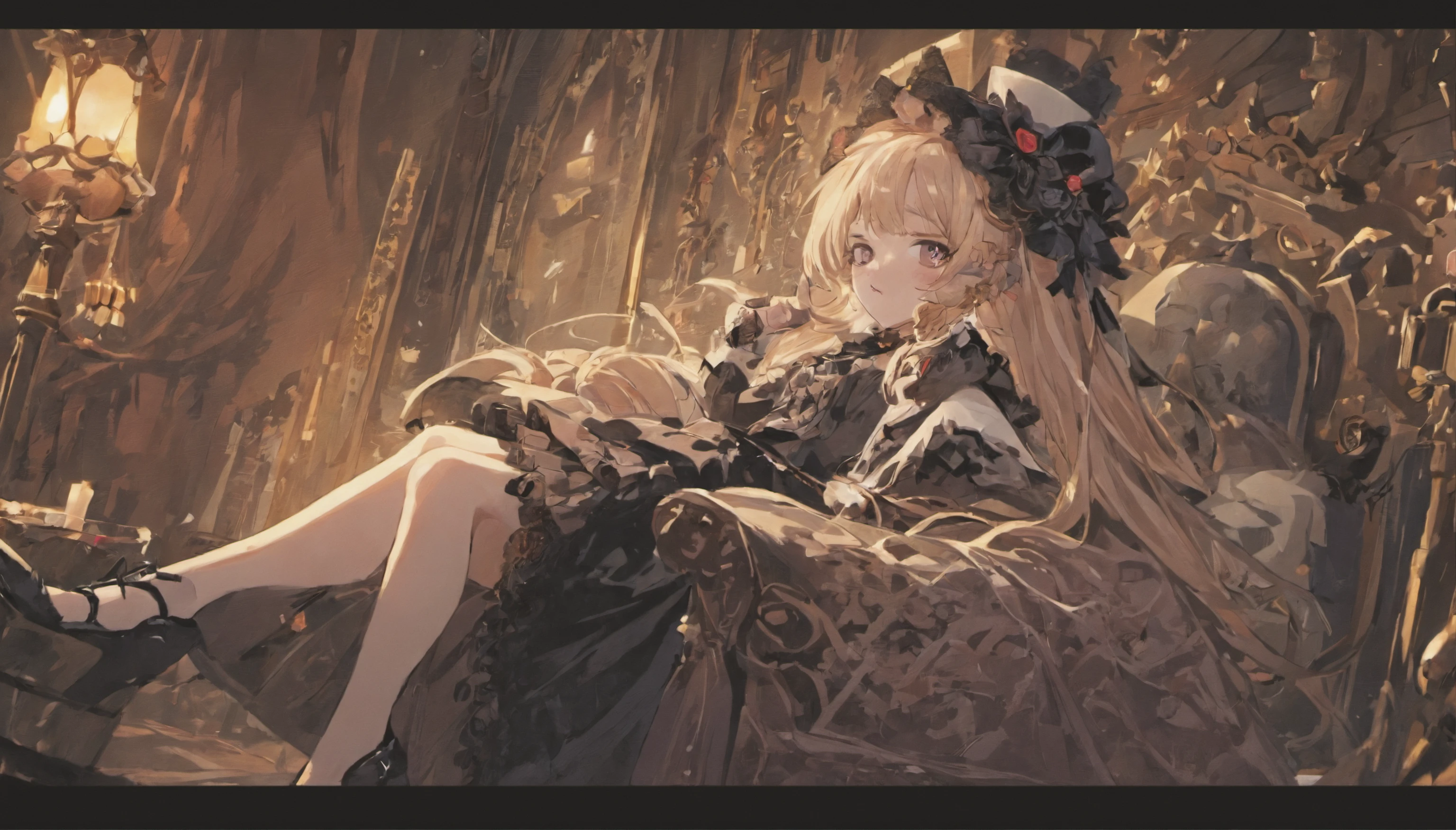 goth loli，whaite hair，dual horsetail，Top hat，Rose flower，black color dress，Ruffles，lacing，Lace，Beth，Heteropupil，Lying，sofe，antiquarian，masterpiece，talking on phone，Handheld handset，Vintage telephone，doll，Bunny doll，Lace curtains，Retro，Gothic，inside in room，houseplant
