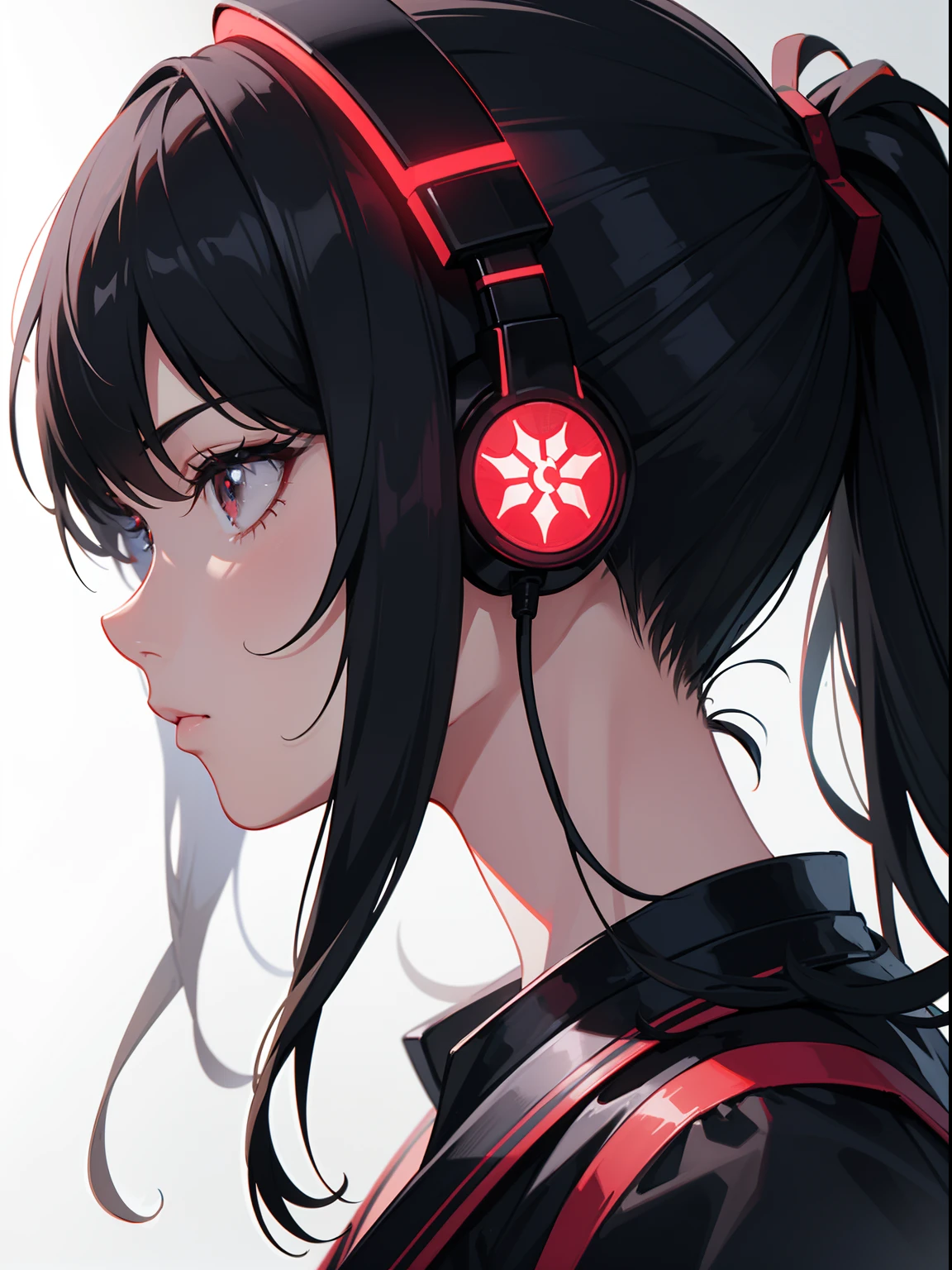 cyberpunk, illustration profile of red led female samurai in a mask, wearing over head headphones staring down, side view looking to the right, tokyo Japanese background, pro vector, high detail, vibrant, Japanese hologram symbols, barcode design, 4k, uhd, masterpiece
