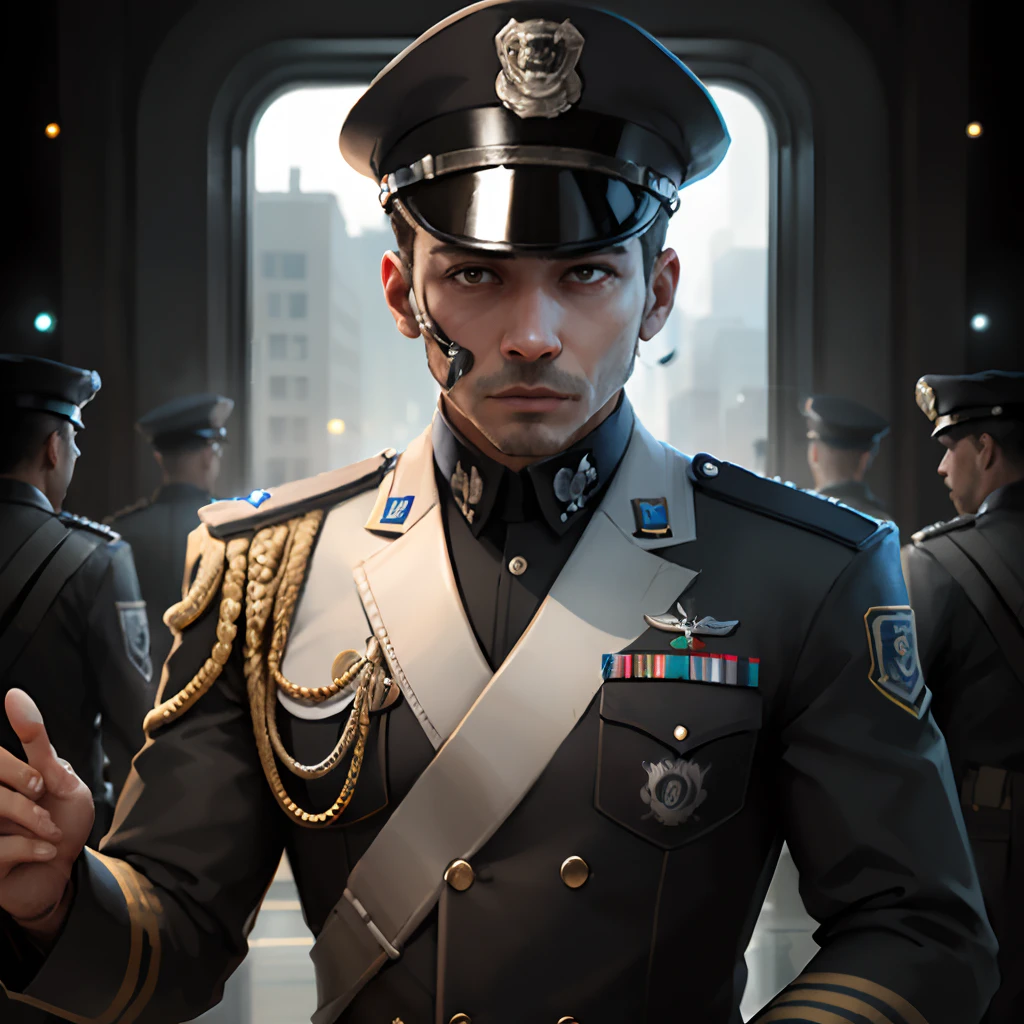 A man in a futuristic police uniform and insignia with paws