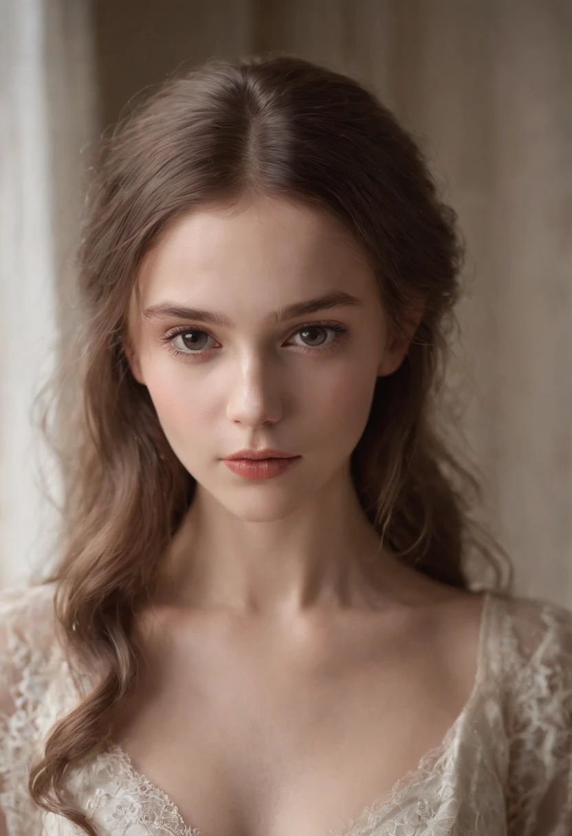 11 year old Western European vampire girl,Full body photo,frontage,Immature pointed face,Floating hair NovaFrogStyle,Medium breast,Extremely thin sheer lace lingerie,Bare legged,Light brown room,Linen sheets,Short flowing hair,Pale and rough skin,The finest details,detailed skin textures,Dramaticlight,beautiful shadows,