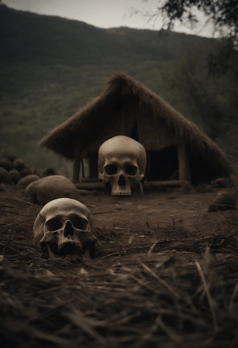 Desolate village of cannibals, Original thatched hut,Dim sunlight, and skulls on the ground(4K,tmasterpiece, hyper HD, Professional lighting)