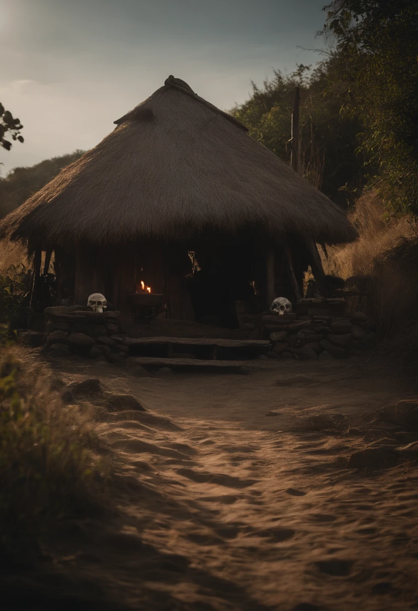 Desolate village of cannibals, Original thatched hut,Dim sunlight, and skulls on the ground(4K,tmasterpiece, hyper HD, Professional lighting)