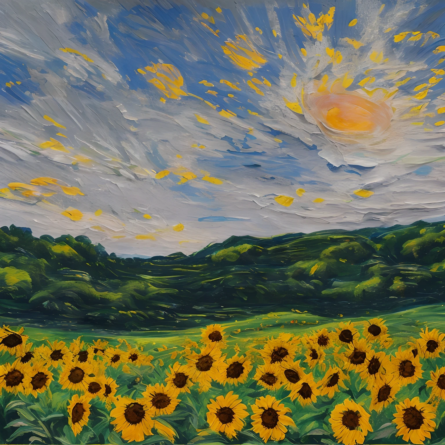 painting of sunflowers in a field with a sky background, scene: sunflower field, scene : sunflower field, sunflower field, field of sunflowers, inspired by Vincent Di Fate, sunny, sunflowers, inspired by Vincent Proce, inspired by Vincent Pepi, sunshine, inspired by Vincent Van Gogh, inspired by Marianne von Werefkin, beautiful sunny day