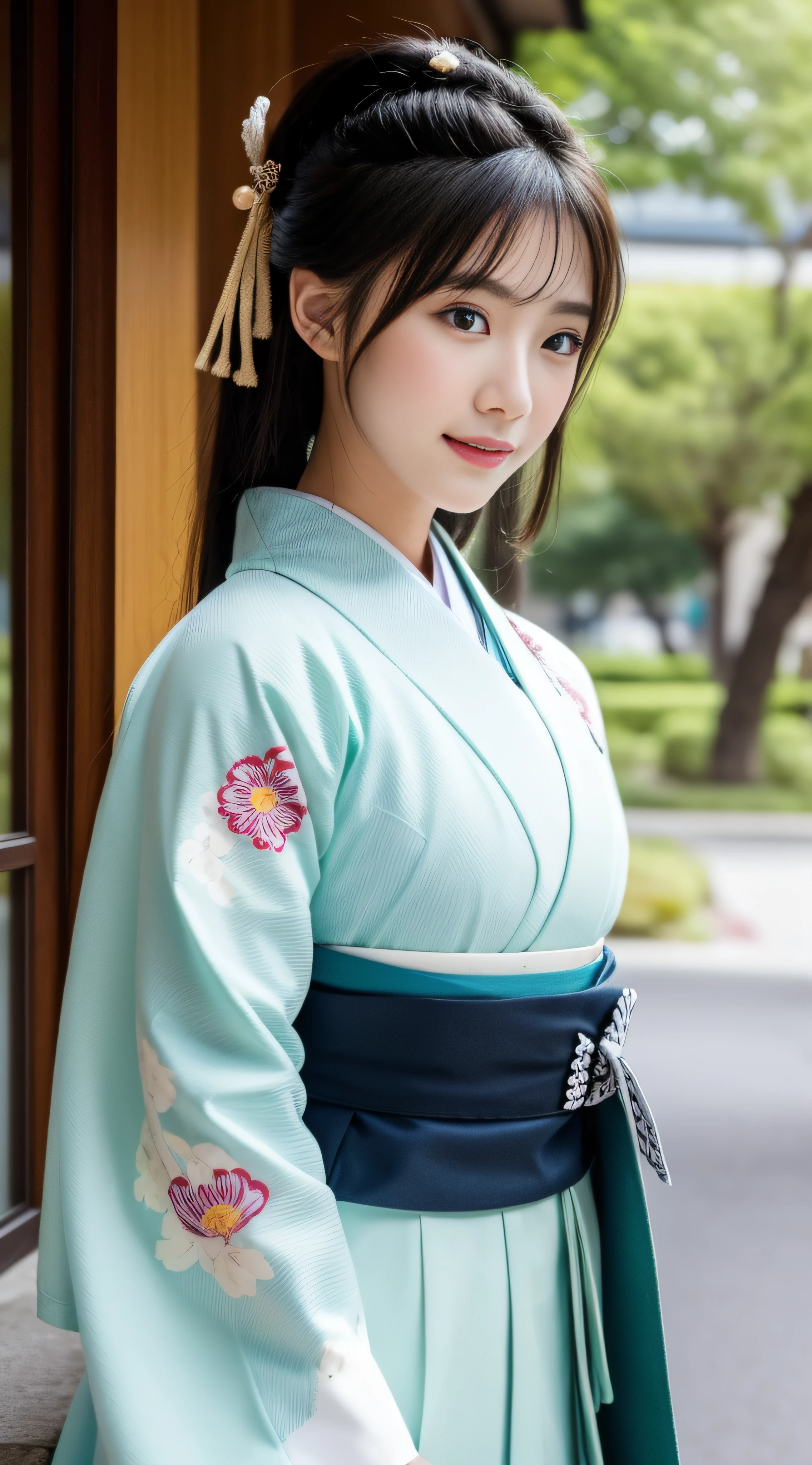 Fashion model 20 years old, Super beautiful、perfect eyes, Perfect iris,Perfect lips,perfect teeth,Perfect Skin,With fair skin,Soft front light,nffsw,Movie girl,ssmile,Hakama of a female student in the Taisho era,The background is the cityscape of the Taisho era of Japan,Buildings of the Japan of the Taisho period,Green Tree々,florals,grass field,4K Ultra HD, 超A high resolution, (Photorealistic: 1.4), Best Quality,masutepiece,Utra dilution,(PastelColors:1.2)