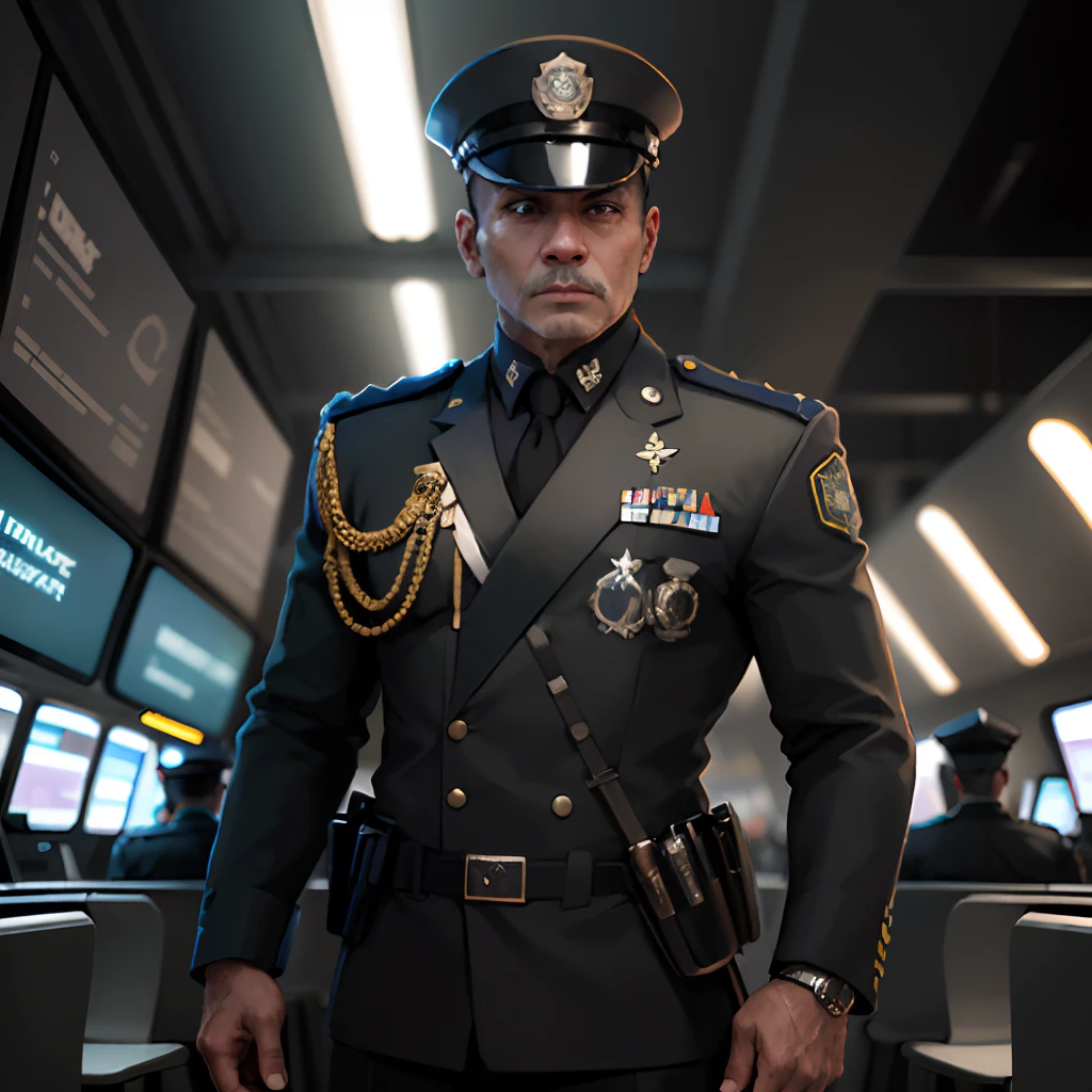 A man in a futuristic police uniform and insignia with paws