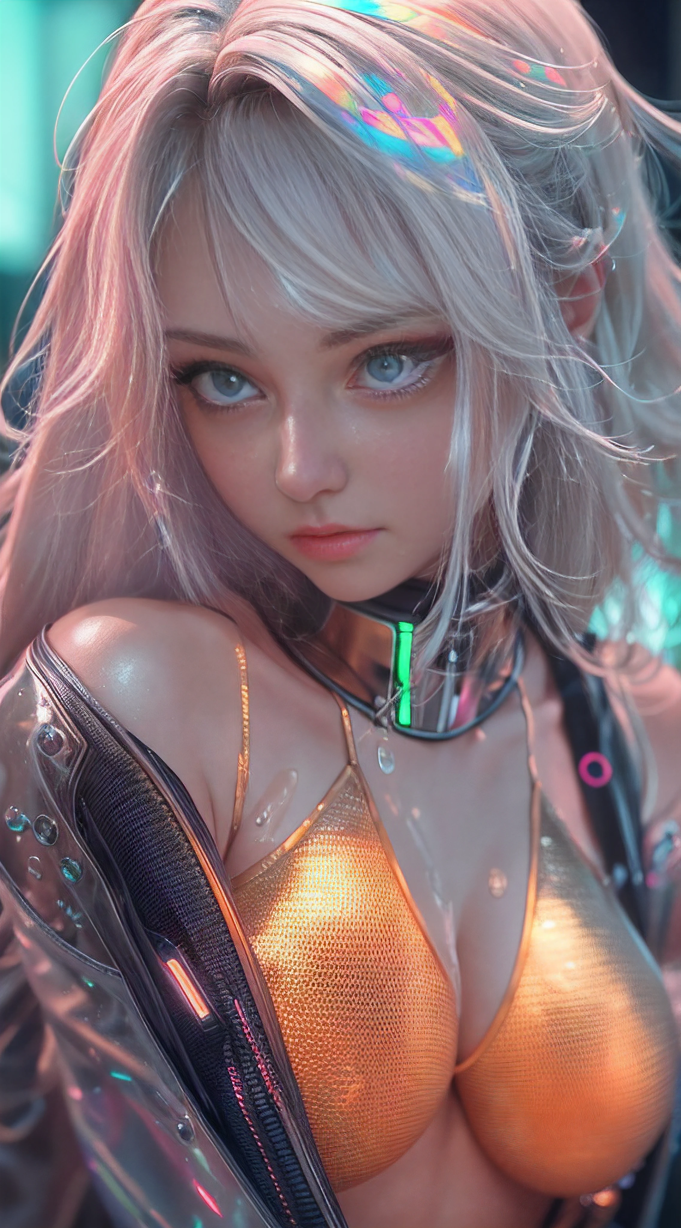 The Beautiful Goddess Aphrodite Looking Sensually, Wet Hair, Mid Body, Waterdrops On Skin, 8k resolution, cyberpunk, The highest picture quality, masterpiece, exquisite CG, a sexy bishoujo, {{color}}, night, glowing neon lights lights, wearing PVC holographic incise bucket and streetwear, jewel like exquisite and transparent eyes, lifelike and delicate facial features and face shapes, long hair with shoulder length, bleached hair, soft gray hair, soft orange hair, glowing hair, science fiction elements, tall and tall, Sexy figure, peerless beauty, dreamlike, stunning, shining, dynamic details, dynamic blur, gorgeous light and shadow, dynamic light, soft focus, real shadow, light spot, 8K HD, extreme light effect, background, future city elements, holographic projection, LED lights