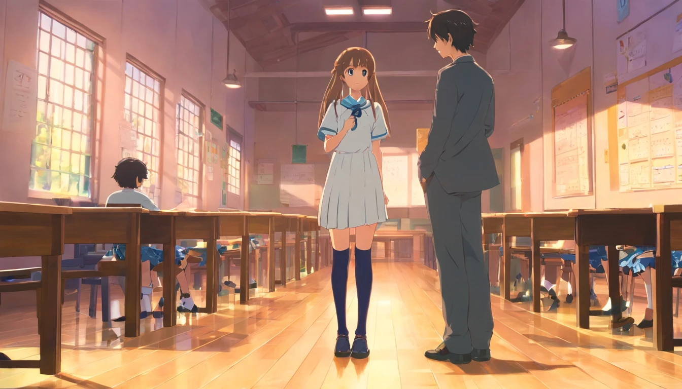 In the classroom，A pretty girl，Long hair，Wearing a black and white JK dress，long leges，Lace calf socks，Full body photo of the front，Talking to a boy