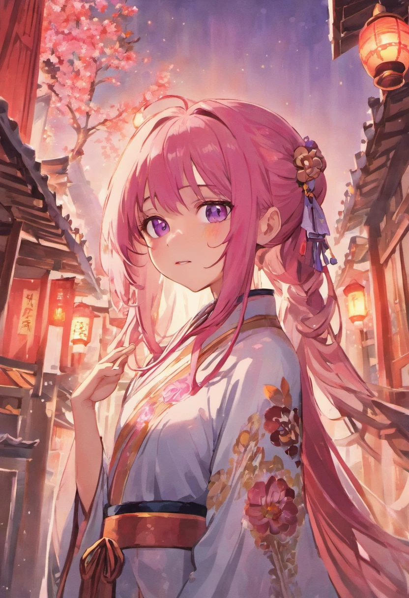 1girl, (ulzzang-6500:0.7), kpop idol, yae miko, detached sleeves, bare shoulders, pink hair, long hair, japanese clothes, best quality, (painting:1.5), (hair ornament:1.35), jewelry, purple eyes, earrings, breasts, torii, cherry blossoms, lantern light, depth of field, detailed face, face focus, ribbon_trim, (looking at viewer:1.25), nontraditional miko, shiny skin, long sleeves, smile, thick lips, game cg, hands on lips, east asian architecture, (blurry background:1.2), sitting, upper body,