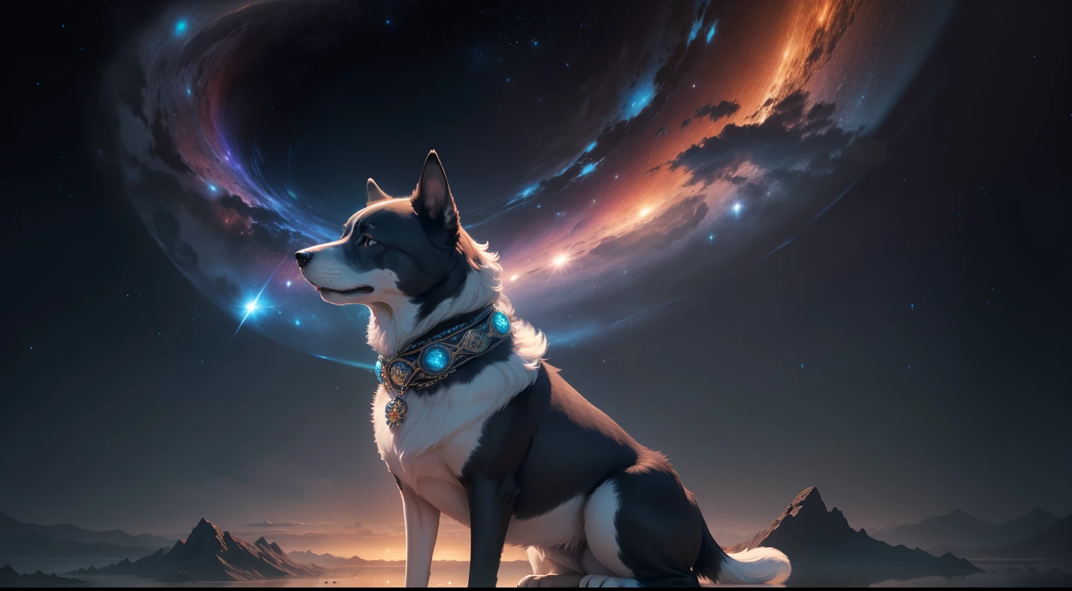 At the center of the image, there is a majestic and contemplative-looking dog lying in a serene and expansive landscape. The dog is portrayed with stunning detail, and its gaze conveys a feeling of introspection and wisdom. The dog's fur is rich in textures and colors, symbolizing the complexity of its genetic heritage. Surrounding the dog, there are a series of symbolic elements representing evolution and ancestry. In the background, blurred images of embryos and ovular cells blend into the landscape, indicating the origin and transformation of life over time. A strand of DNA subtly extends from the dog, visually connecting it to its ancestors. In the sky, there is an abstract representation of the "enormous solitudes" mentioned in the poem. Stars, nebulas, and galaxies form a cosmic tapestry that evokes the vastness of time and space, emphasizing the idea of life's continuity over centuries. At the base of the image, there is a human figure extending a hand toward the dog, symbolizing the empathy and care mentioned in the poem. The human hand also holds a scale, representing the "scale of ancestral barks" and the concept of balance in heredity.