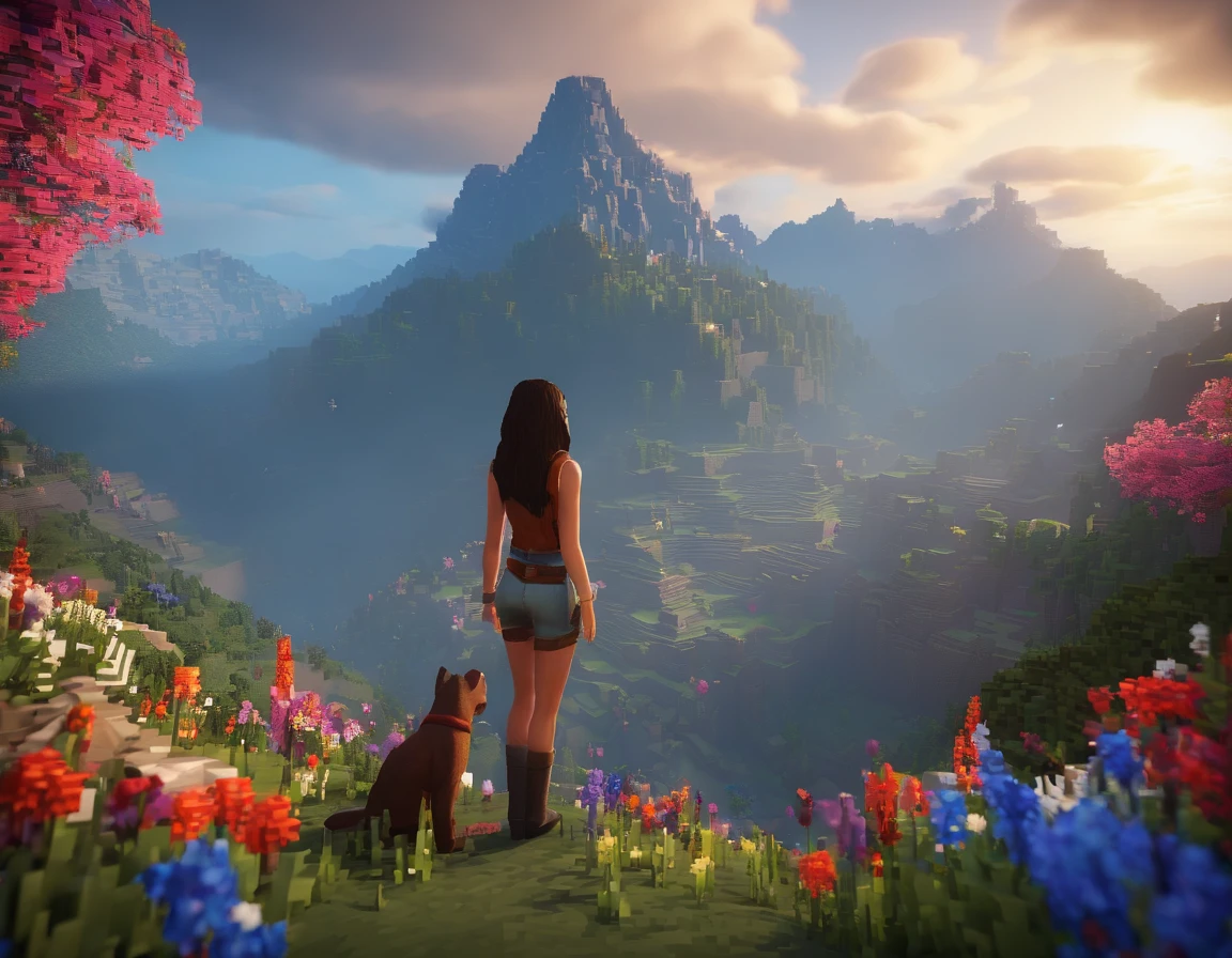 minecraft 3d art ，RINOA, final fantasy character，Beautiful mountains，Flowers everywhere