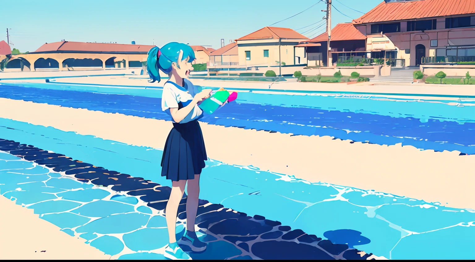 (masterpiece, best quality:1.4), (flat color:1.3),(colorful:1.3),laughing, 1girl, solo, standing colorful water, (2D:1.3), anime style, pastel color