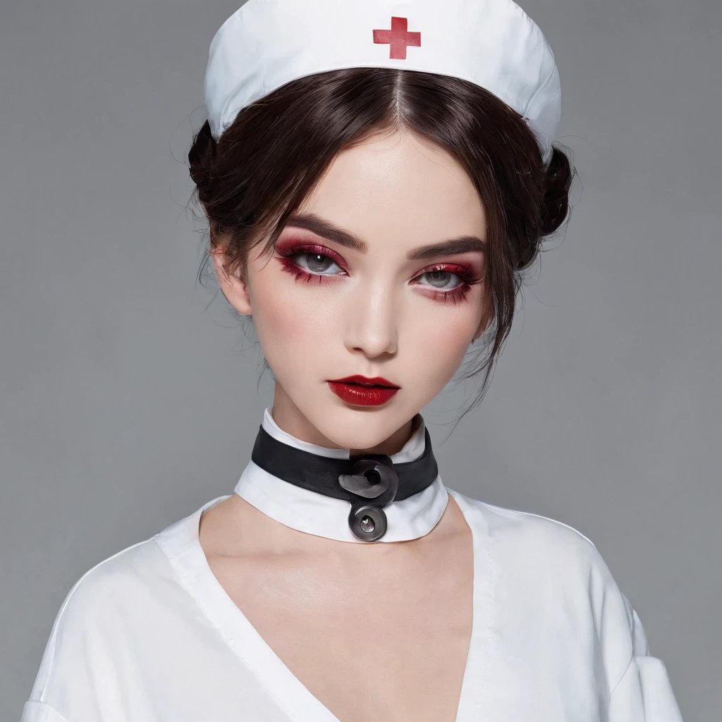 Girl in Nurse Costume, Soft breasts、shorth hair、Loose clothes、Gothic makeup、heavy make up、Lustrous lips、beauty legs、Unzipping clothes