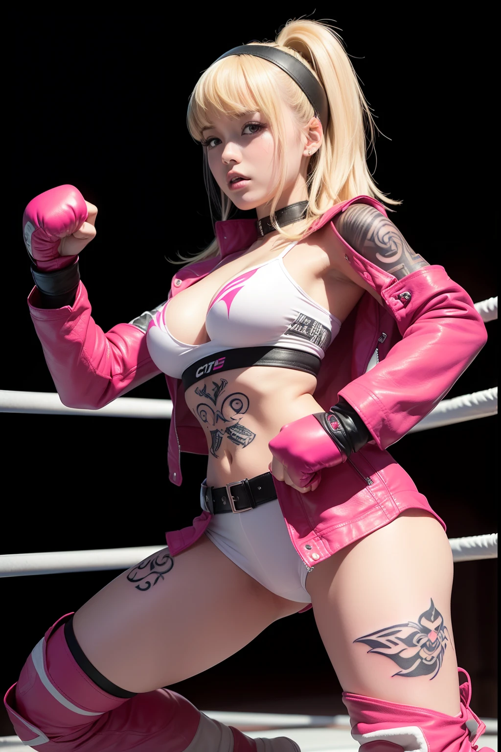 18year old, ((top-quality)), ((masterpiece)), (high-detail:1.3), (upper body), (((front view))), Beautiful face (cyberpunked:1.3), ((woman wearing pink leather jacket)), ((choker)), ((sweatbands)), ((pink leather boots)), ((hairband)), (((small breasts))), Slim waist, small buttocks, (Japanese beauty), superfine illustration, exaggerated hair, ((long blonde hair with bangs)), (no bra!), ((barechested!), wrestling ring!, ((tribal tattoo:1.2)), ((tattoo on breast))), ((lots of sweat)), (((cuts and grazes on skin))), ((fighting stance!)), ((fists held in front of body))