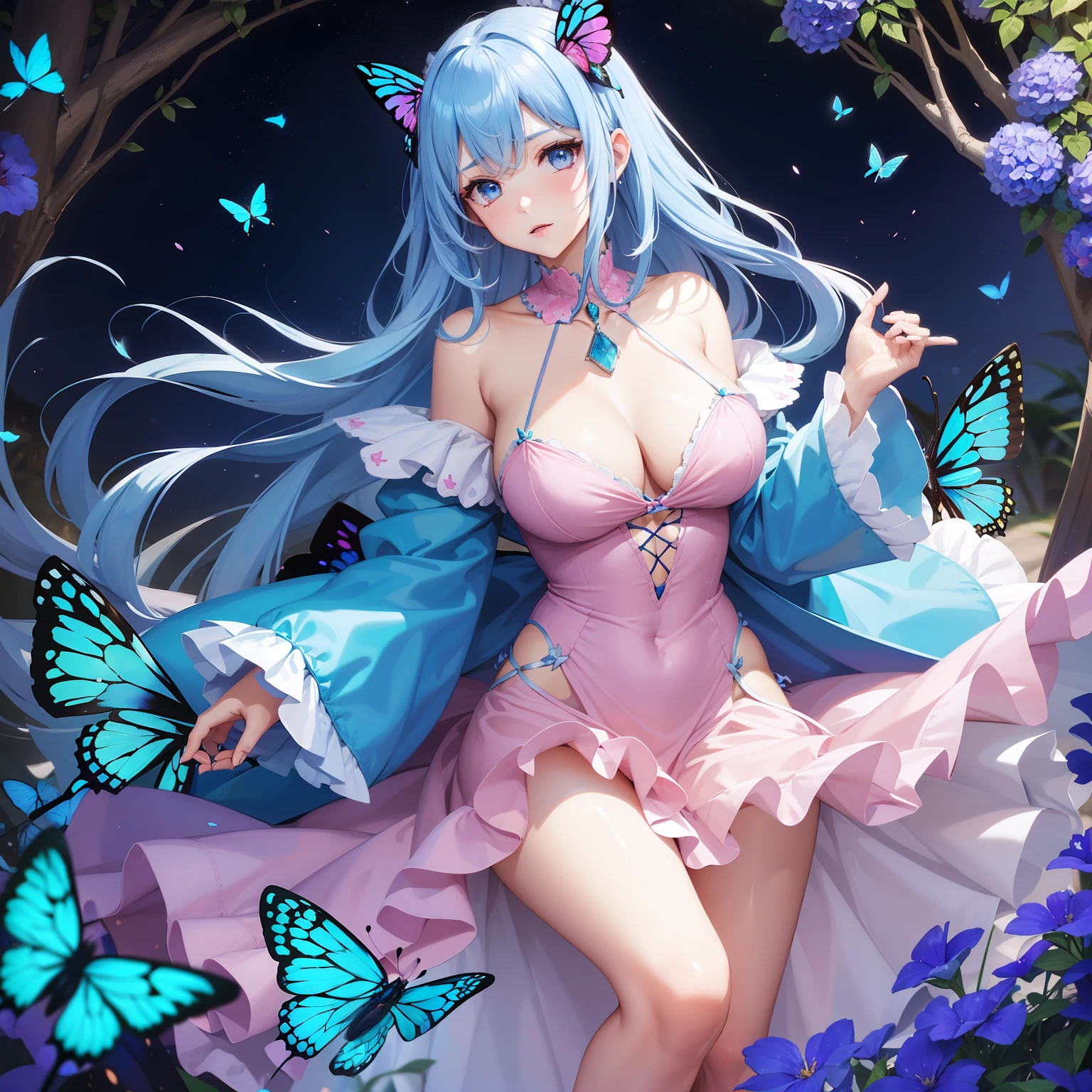 a women, blue butterfly, blue hair, pink eyes, pink dress, a pair of large butterfly wings on her back