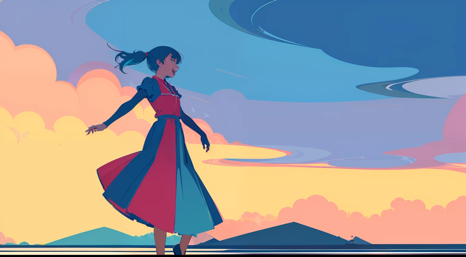(masterpiece, best quality:1.4), (flat color:1.3),(colorful:1.3),laughing, 1girl, solo, standing colorful water, (2D:1.3), anime style, pastel color