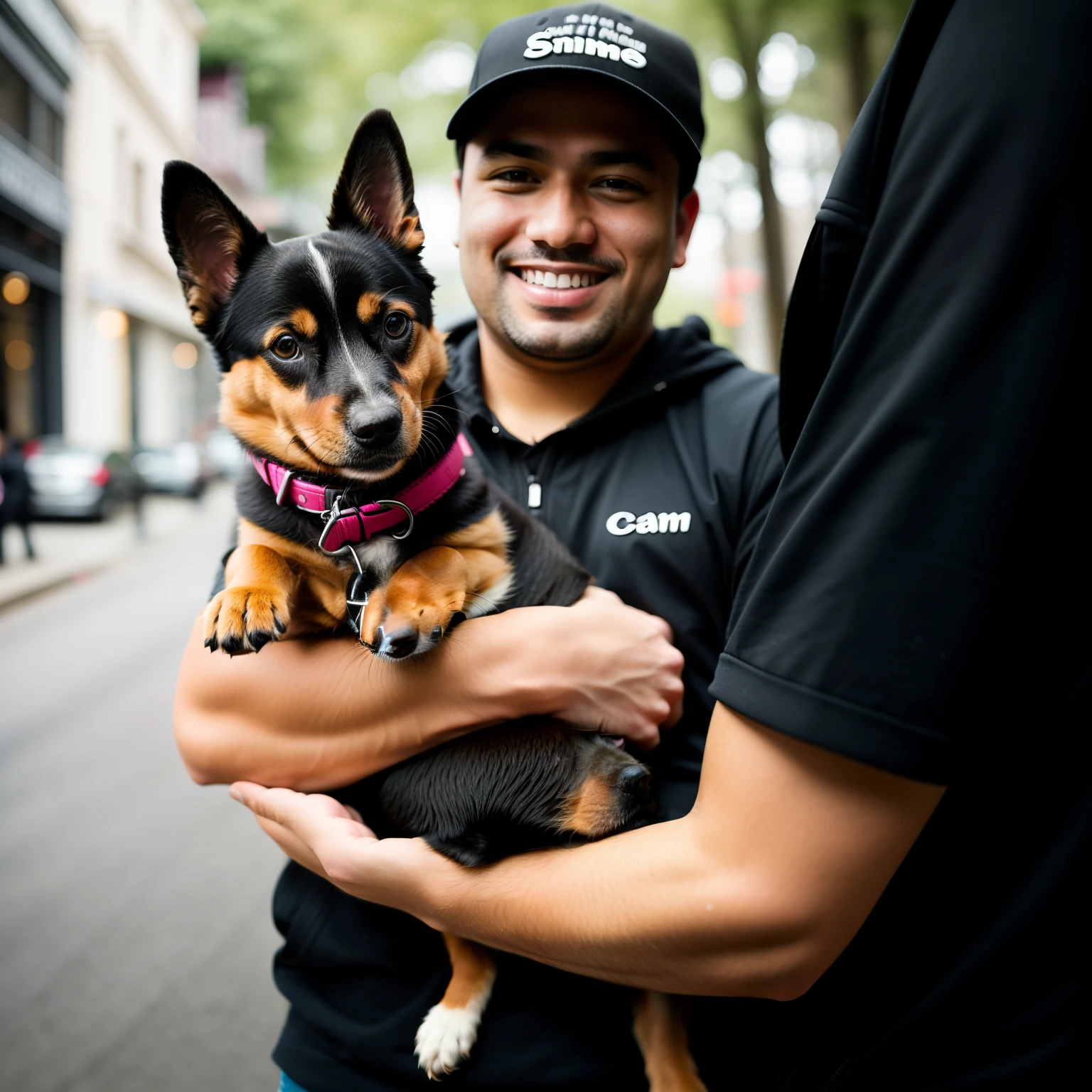 There was a man holding a dog in his hand, taken with sony alpha 9, low quality photo, photo taken with canon 5d, taken with canon eos 5 d, taken with canon 8 0 d, with his hyperactive little dog, taken with a canon eos 5 d, taken with a canon eos 5d, very very low quality picture