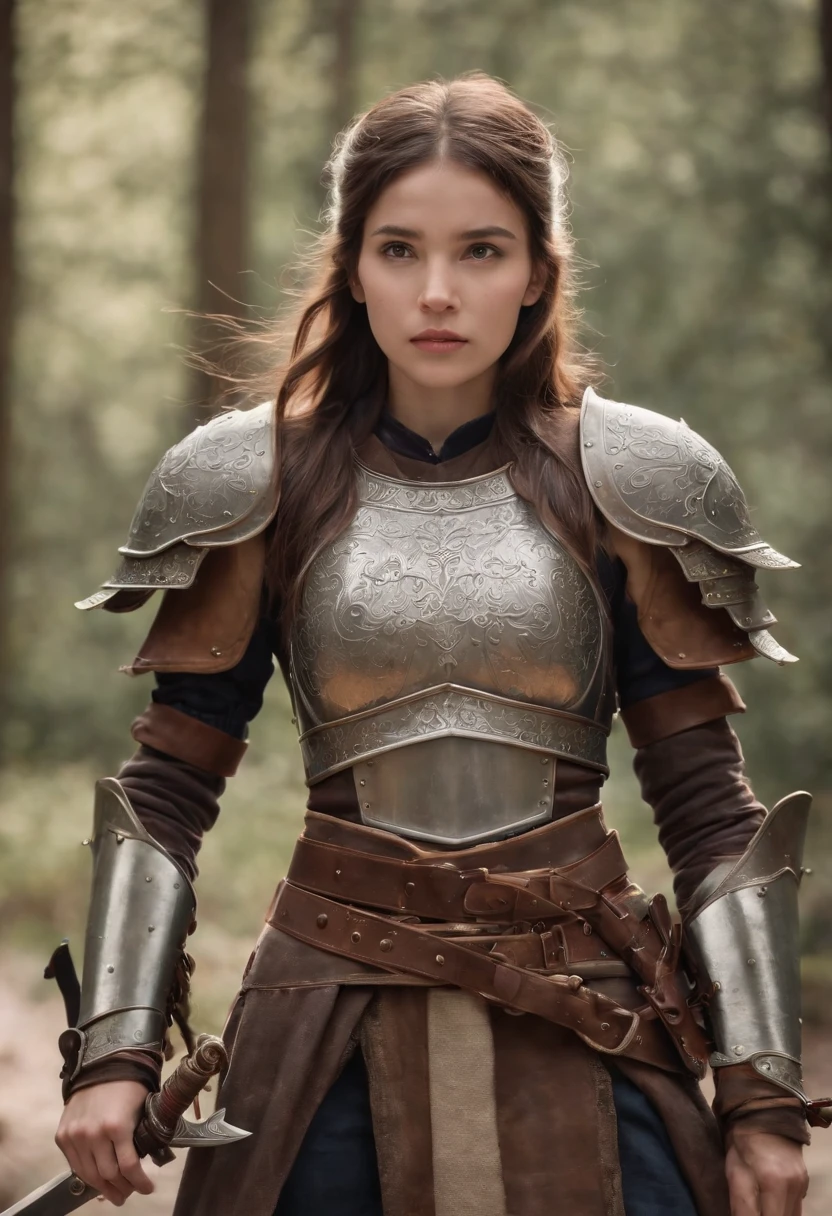 ((melhor qualidade)), ((obra de arte)), (detalhado)
an adult hobbit, she is a ranger with brown hair, she wears leather armor
