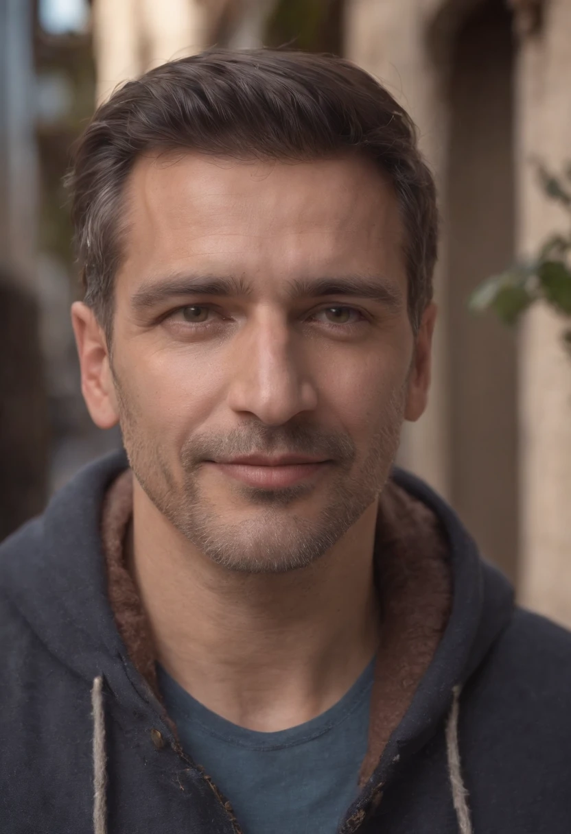 Portrait of 44-year-old man, nariz bulbosa y  redondeada, Character nose ,ojos hundidos y vivaces, ojos marrones calle de Torino, noche, paisaje urbano, luces de la ciudad, parte superior del cuerpo, plano americano, 8k, foto RAW, mejor calidad, obra   maestra, realista, fotorrealista,