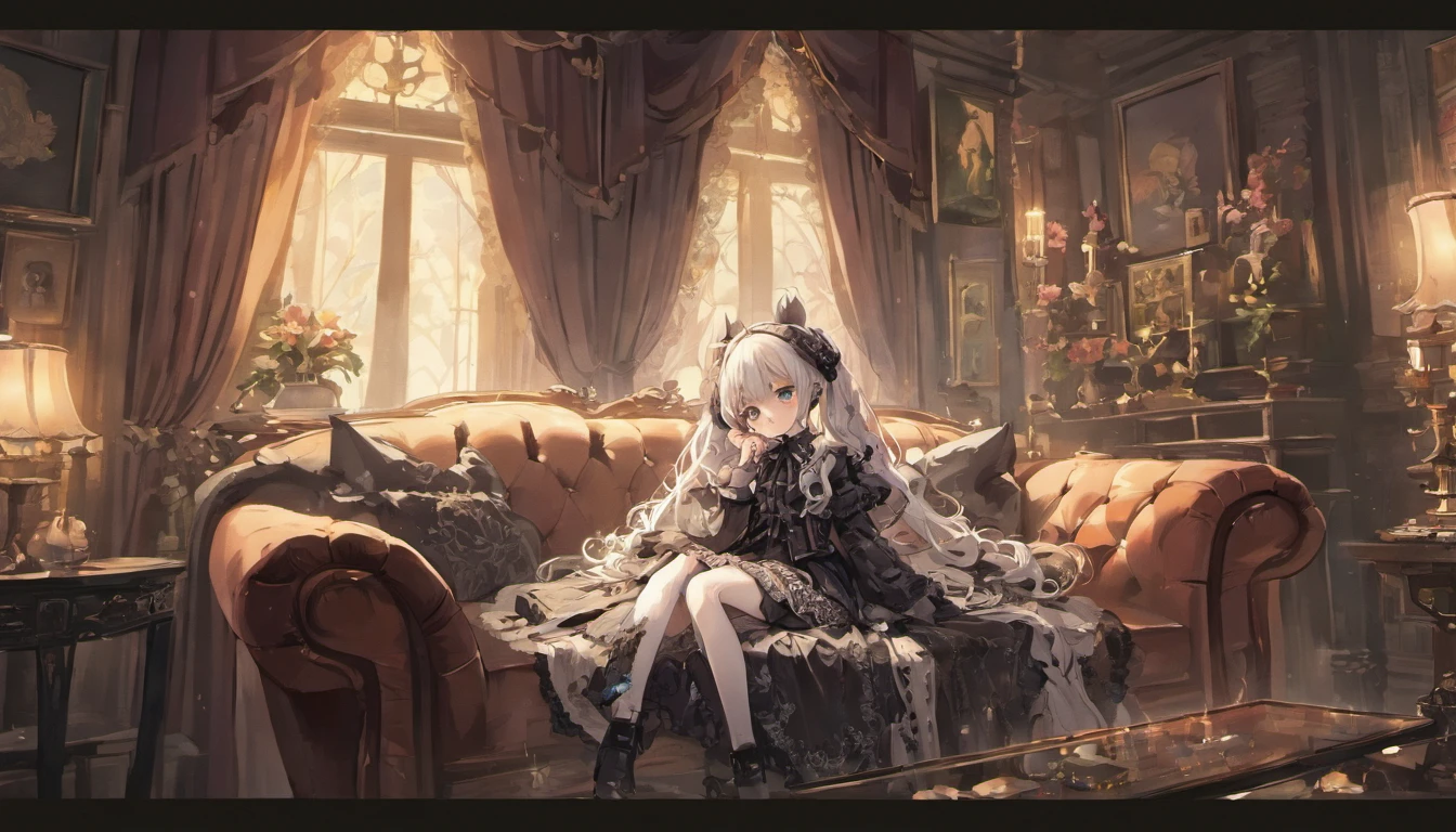 (Highest resolution, distinct_image), Best quality, Masterpiece, Highly detailed, goth ,whaite hair,White hair,dual horsetail,head gear,Top hat,Ruffles,Lace,black color dress,Loliuadratic element,illustration,Heteropupil,talking on phone,Vintage telephone,antiquarian,sofe,Lying on the couch,doll,Bunny doll,Lace curtains,Retro,Gothic,inside in room,houseplant,Bleak atmosphere