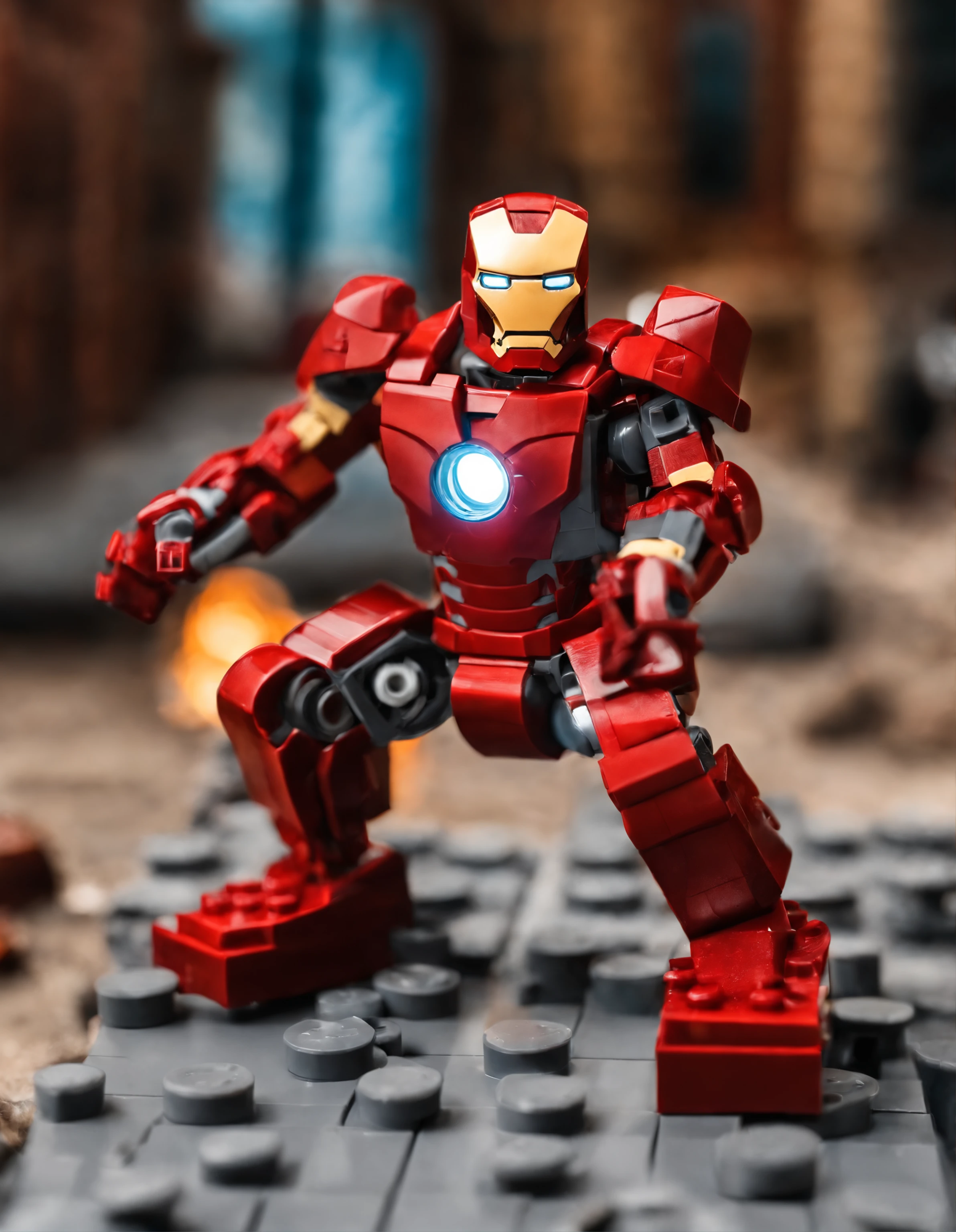 lego style ，Iron Man，marvel character，Urban battlefield，Battle damage