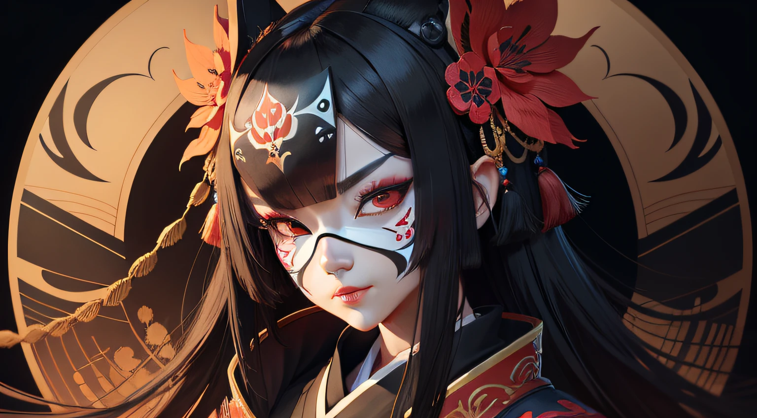 Portrait mask, illustrator, vector illustration, masterpiece, high quality, 8k, high resolution, high detail, japanese, onmyoji, (panru: 1.2), horror, evil, close-up, facing the audience, japanese pattern background