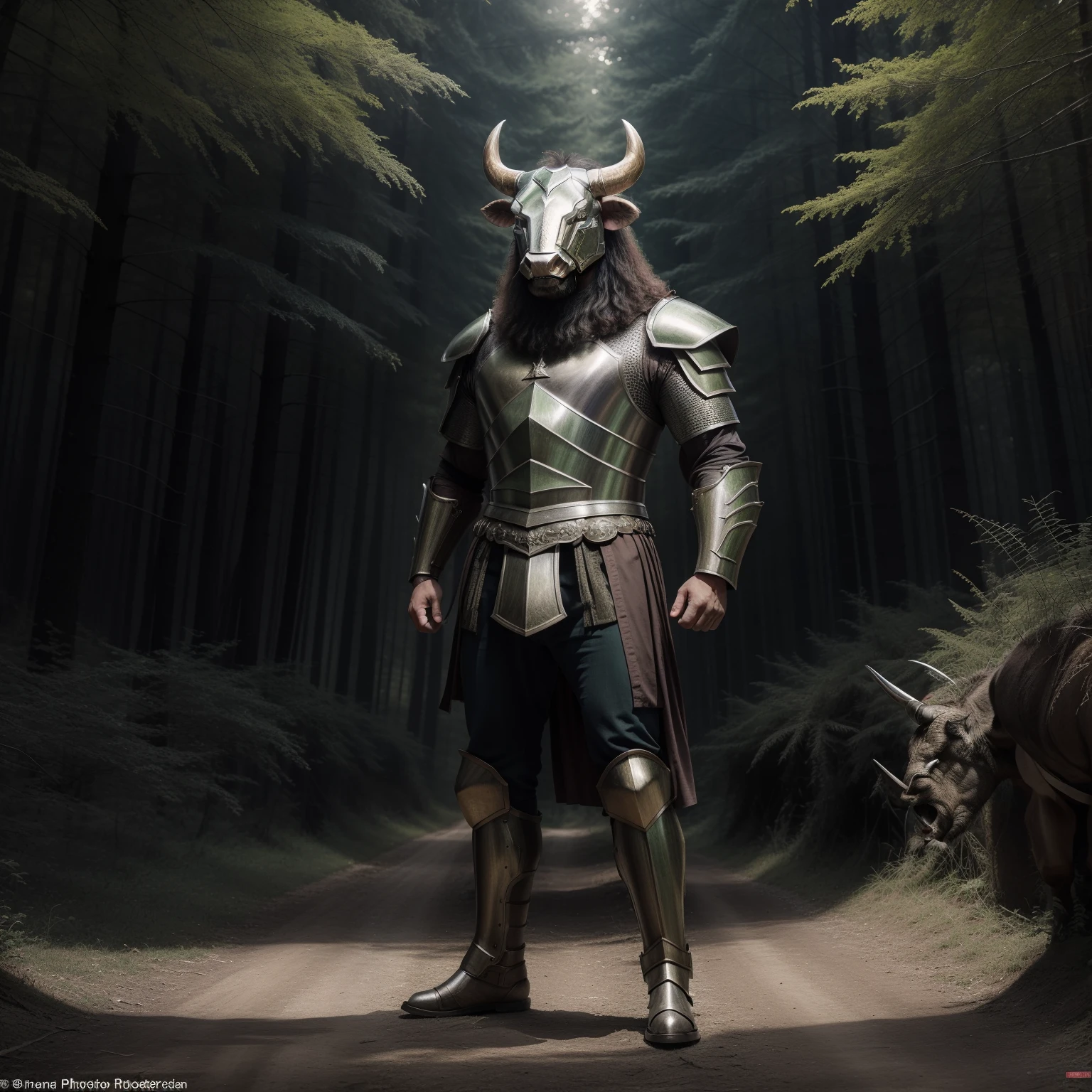 ICBINP Model - "I Can't Believe It's Not Photography" A man in armor with a bull's head and claws like a griffin instead of fingers , stands in full growth , against the backdrop of a colorful green forest , Front light .