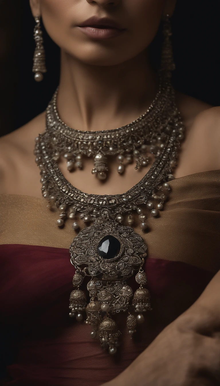 Arafed Mujer en un sari con un collar y un collar, Conjunto intrincado, adornado con piedras preciosas, Usando intrincado, Joyas intrincadas, con detalles intrincados, Traje intrincado, llevar joyas elegantes, Detalles intrincados. frente en, Black jewelry, Detailed jewelry, Detalles de gran intrincado, photo of a hand jewellery model, Cerrar retrato, belleza intrincada, Joyas intrincadas, Vista lateral Detalles intrincados