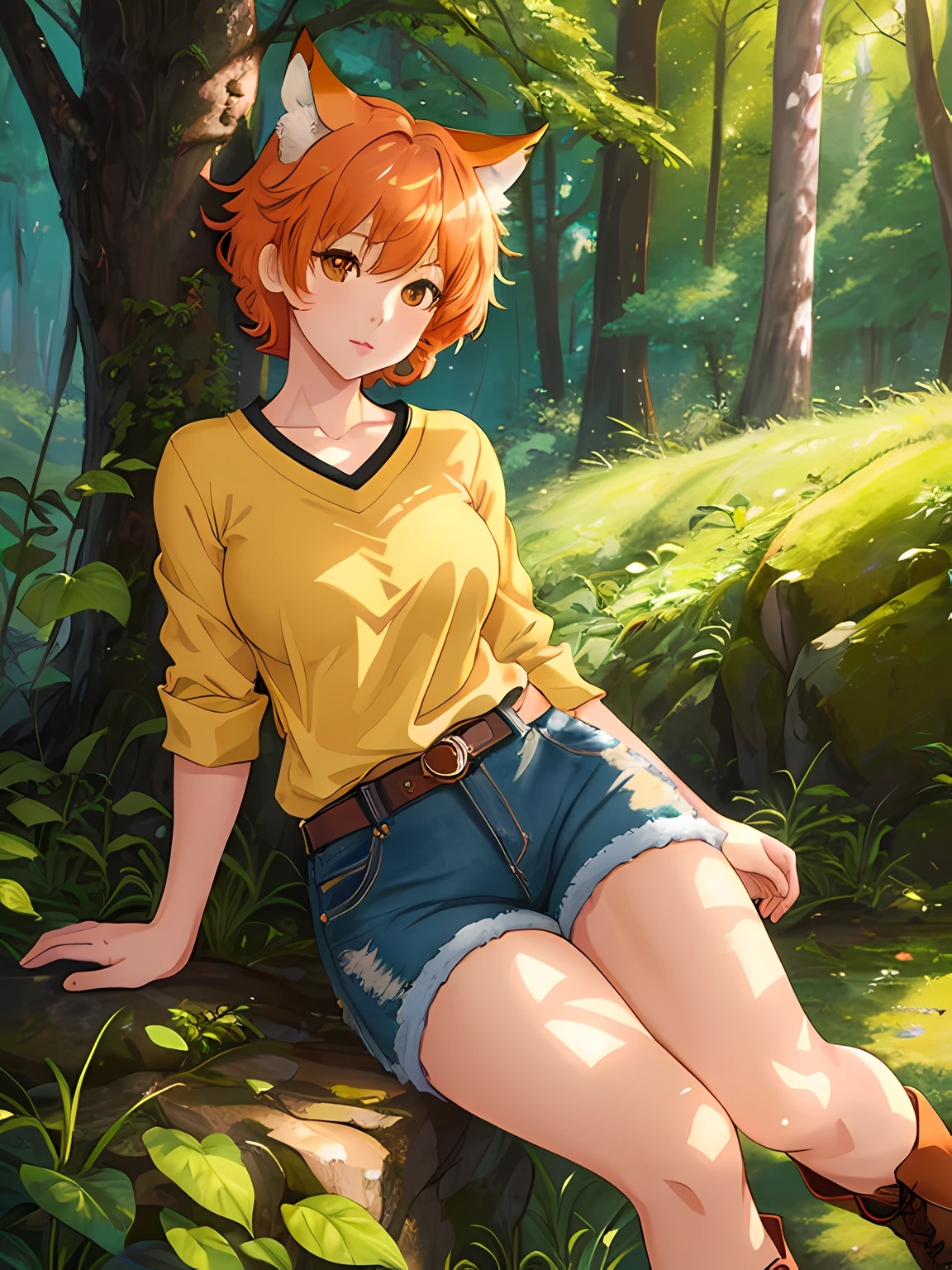 cute anime girl, kitsune, orange hair, short hair, green shirt, blue denim shorts, brown boots, forest, clean detailed faces, analogous colors, beautiful gradient, clean image, high quality, high detail, high definition, cute face, 4k resolution, full body, ultra sharp focus, extremely detailed eyes, detailed symmetric realistic face, extremely detailed natural texture, perfectly centered medium upper shot, nikon d850 film stock photograph, kodak portra 400 camera f1.6 lens, extremely detailed, amazing, fine detail, rich colors, one body, fully clothed, face, head in frame, body in frame, good proportions