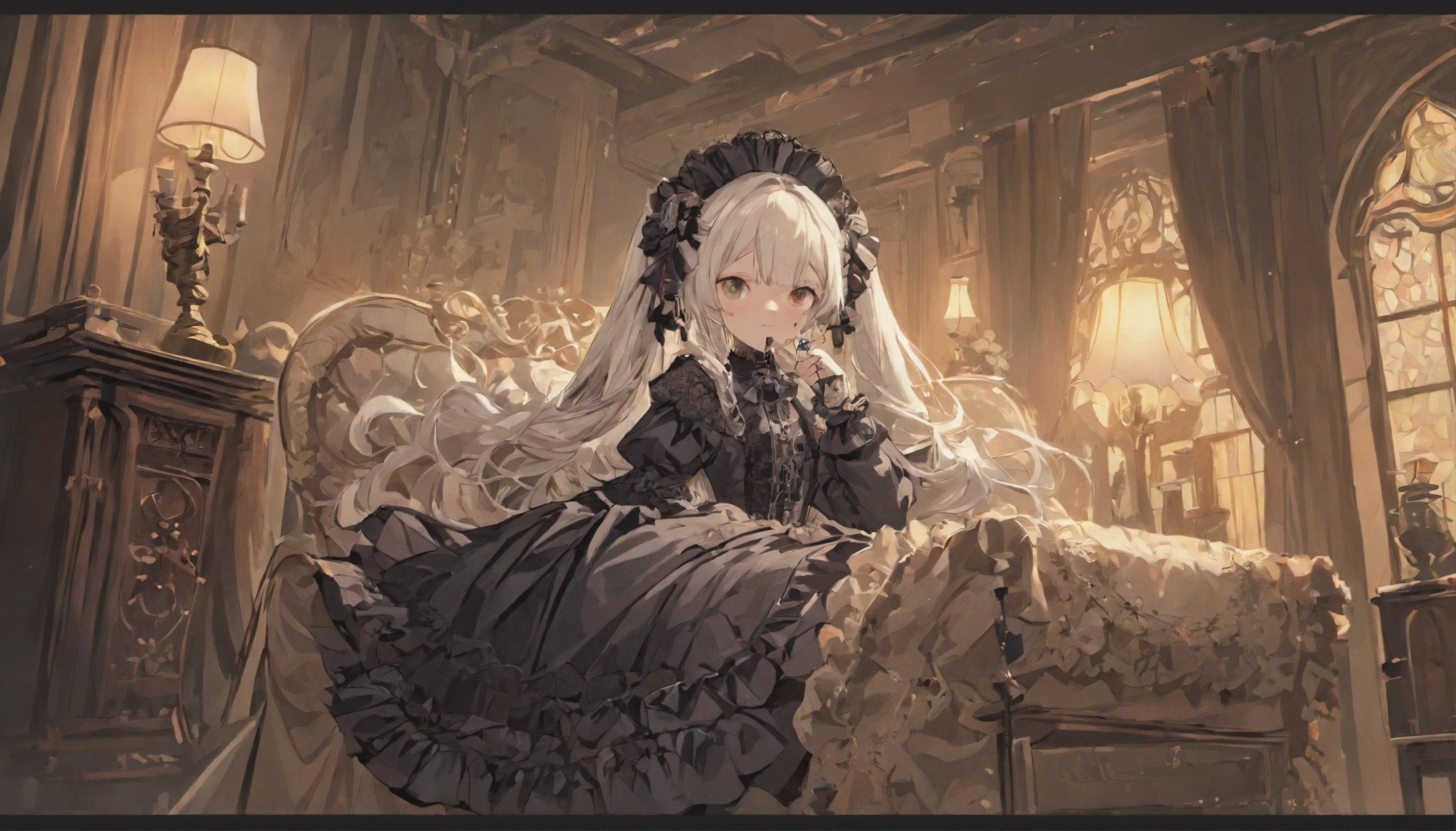 (Highest resolution, distinct_image), Best quality, Masterpiece, Highly detailed, goth loli，whaite hair，White hair，dual horsetail，head gear，Top hat，Ruffles，Lace，black color dress，Lolita，quadratic element，illustration，Heteropupil，talking on phone，Vintage telephone，antiquarian，sofe，Lying on the couch，doll，Bunny doll，Lace curtains，Retro，Gothic，inside in room，houseplant，Bleak atmosphere