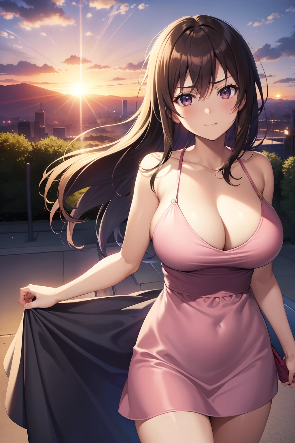 comic strip，anime big breast，Makoto Shinkai anime，Makoto Shinkai concept art animation，（Romantic pink train：1.4），the setting sun，Sunset，lindo cenario，super-fine，tmasterpiece，8K，best qualtiy