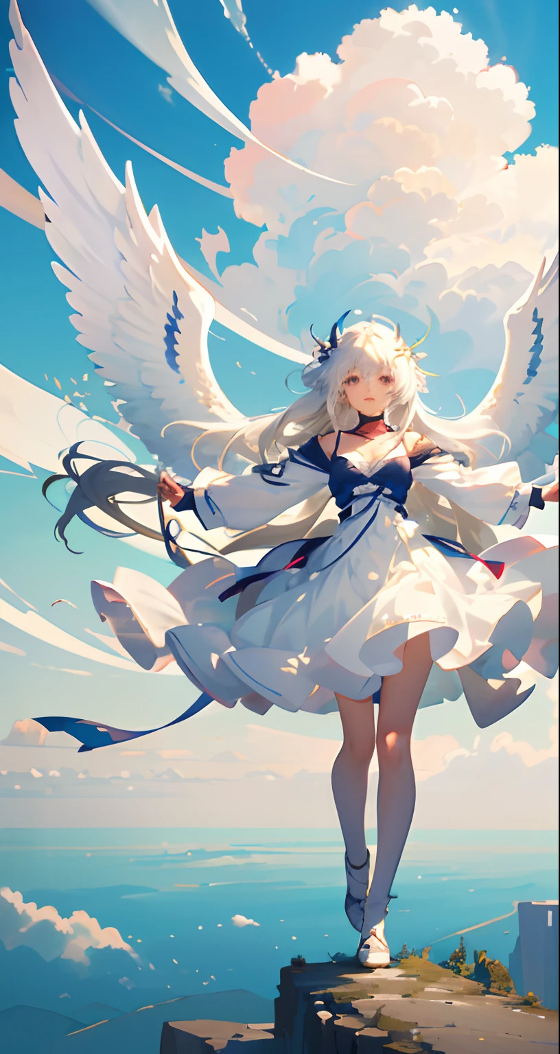 tmasterpiece，best qualtiy，cinematic Film still from，1girl，Floating in the sky，Cloud Girl，​​clouds，（closeup cleavage：1.1），brightly，cheerfulness，intriguing，gentlesoftlighting，（bauhause，shape，lineworks，abstracted：1.1）tmasterpiece、anime - style image of a woman in a white dress with wings, Guweiz in Pixiv ArtStation, of an beautiful angel girl, full - body majestic angel, young wan angel, angel knight girl, angel girl, high detailed official artwork, Digital art on Pixiv