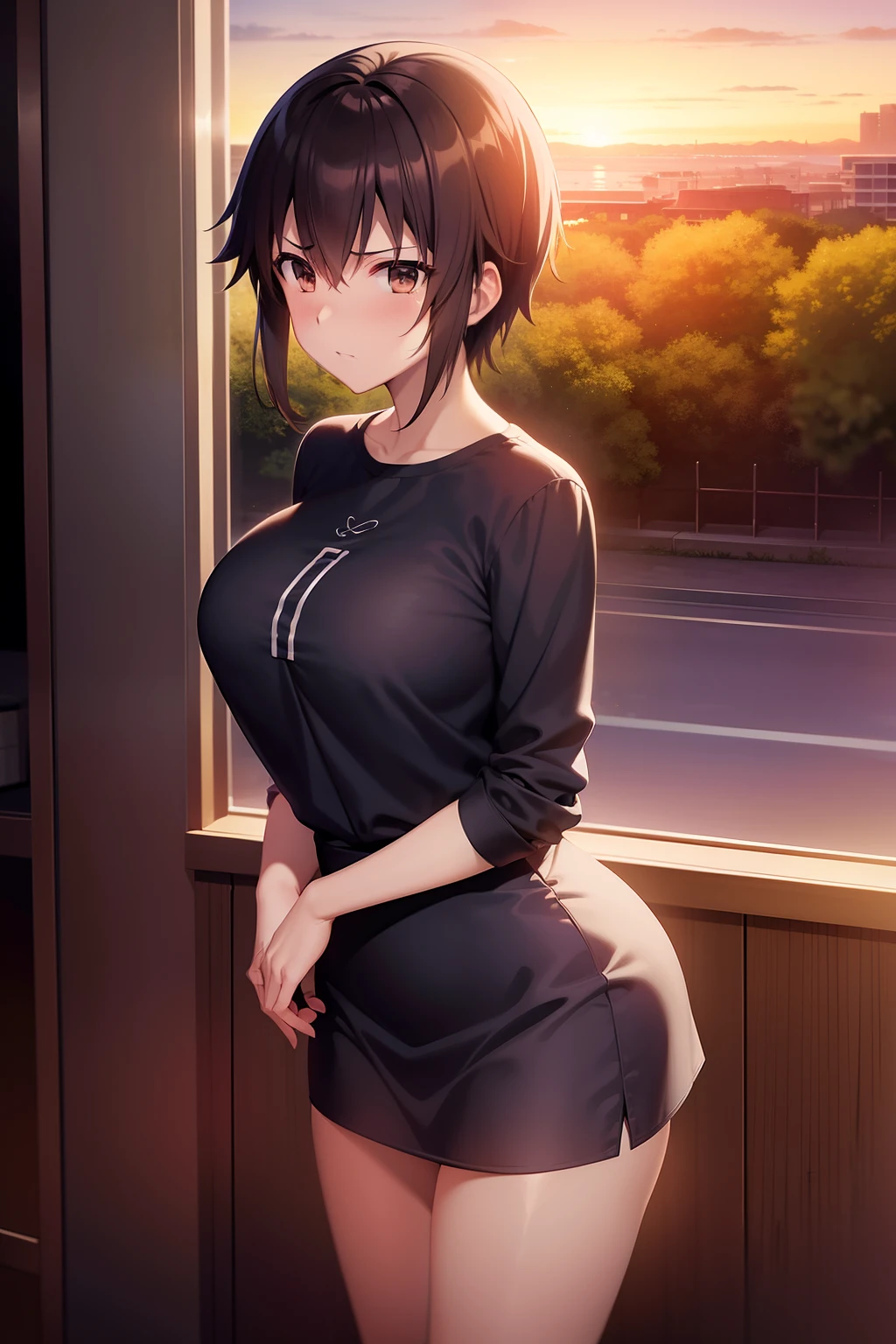 comic strip，anime big breast，Makoto Shinkai anime，Makoto Shinkai concept art animation，（Romantic pink train：1.4），the setting sun，Sunset，lindo cenario，super-fine，tmasterpiece，8K，best qualtiy