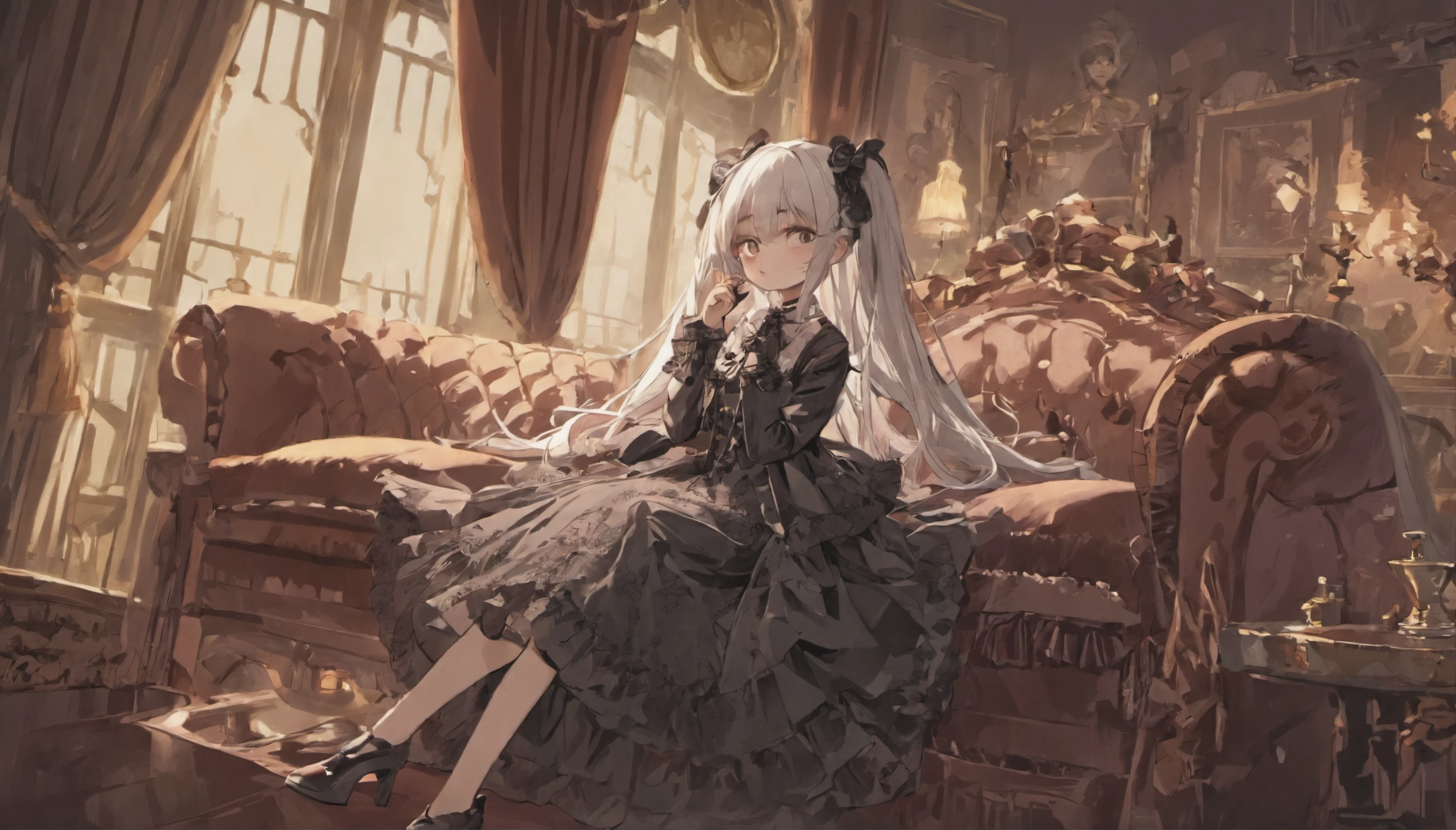 (Highest resolution, distinct_image), Best quality, Masterpiece, Highly detailed, goth loli，whaite hair，White hair，dual horsetail，head gear，Top hat，Ruffles，Lace，black color dress，Lolita，quadratic element，illustration，Heteropupil，talking on phone，Vintage telephone，antiquarian，sofe，Lying on the couch，doll，Bunny doll，Lace curtains，Retro，Gothic，inside in room，houseplant，Bleak atmosphere