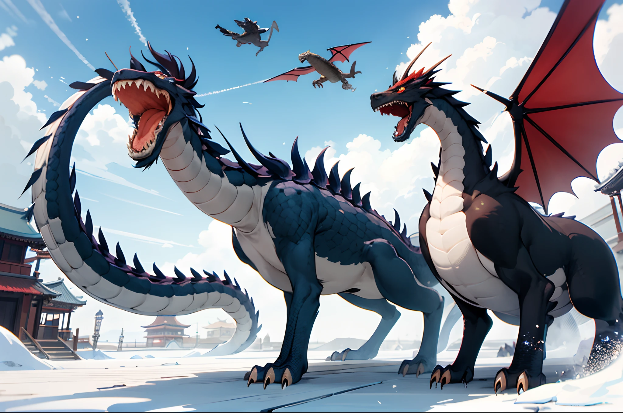 Best quality at best,tmasterpiece,超高分辨率,without humans,(The long:1.2),without humans,clouds,buliding,east asian architecture,red eyes,banya,with her mouth open,Skysky,Fang,a Oriental Dragons,mostly cloudy sky,teeth,flight,icey,Ice blue,fire dragon