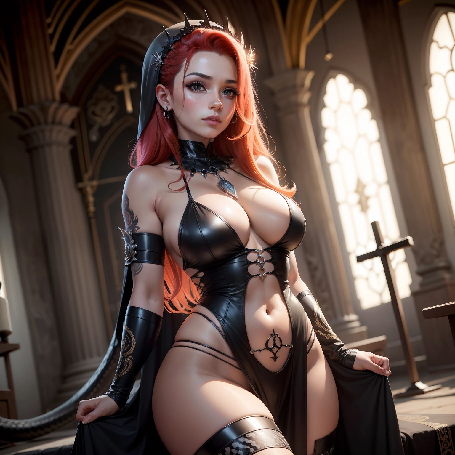 Uma freira, ruiva, cabelo ruivo, cabelo ondulado, batom preto, olhos negros, alta, muito bonita, na igreja, full qualidade, HD, ultra hD, 8K, Realstic, lo gothic, corpo de cobra,  muito bonita, grande bunda, cheia de cobras em volta, Linda, mao detalhada, rosto bonito, em uma igreja, Freira, linda, gostosa, Cobra, cercada de cobra