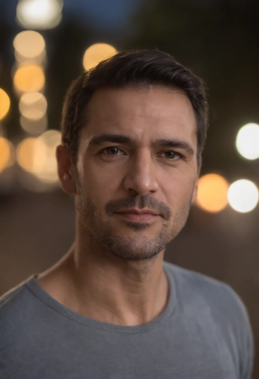 Portrait of 44-year-old man, cabeza ovalada, frente prominente, cabello oscuro, rounded chin, nariz bulbosa un poco respingona y redondeada, Character nose ,ojos hundidos y vivaces, ojos marrones calle de Torino, noche, paisaje urbano, luces de la ciudad, parte superior del cuerpo, plano americano, 8k, foto RAW, mejor calidad, obra maestra, realista, fotorrealista,