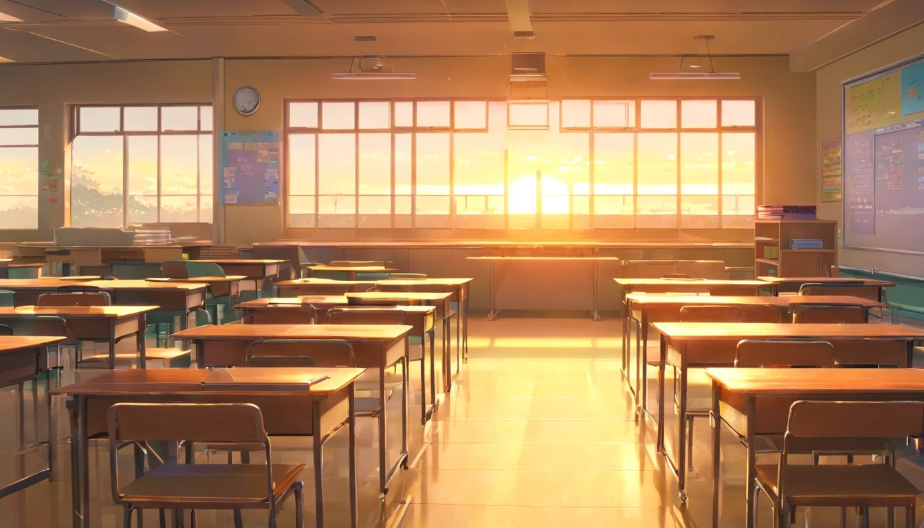 There is a classroom with desks and a projection screen in the middle ...