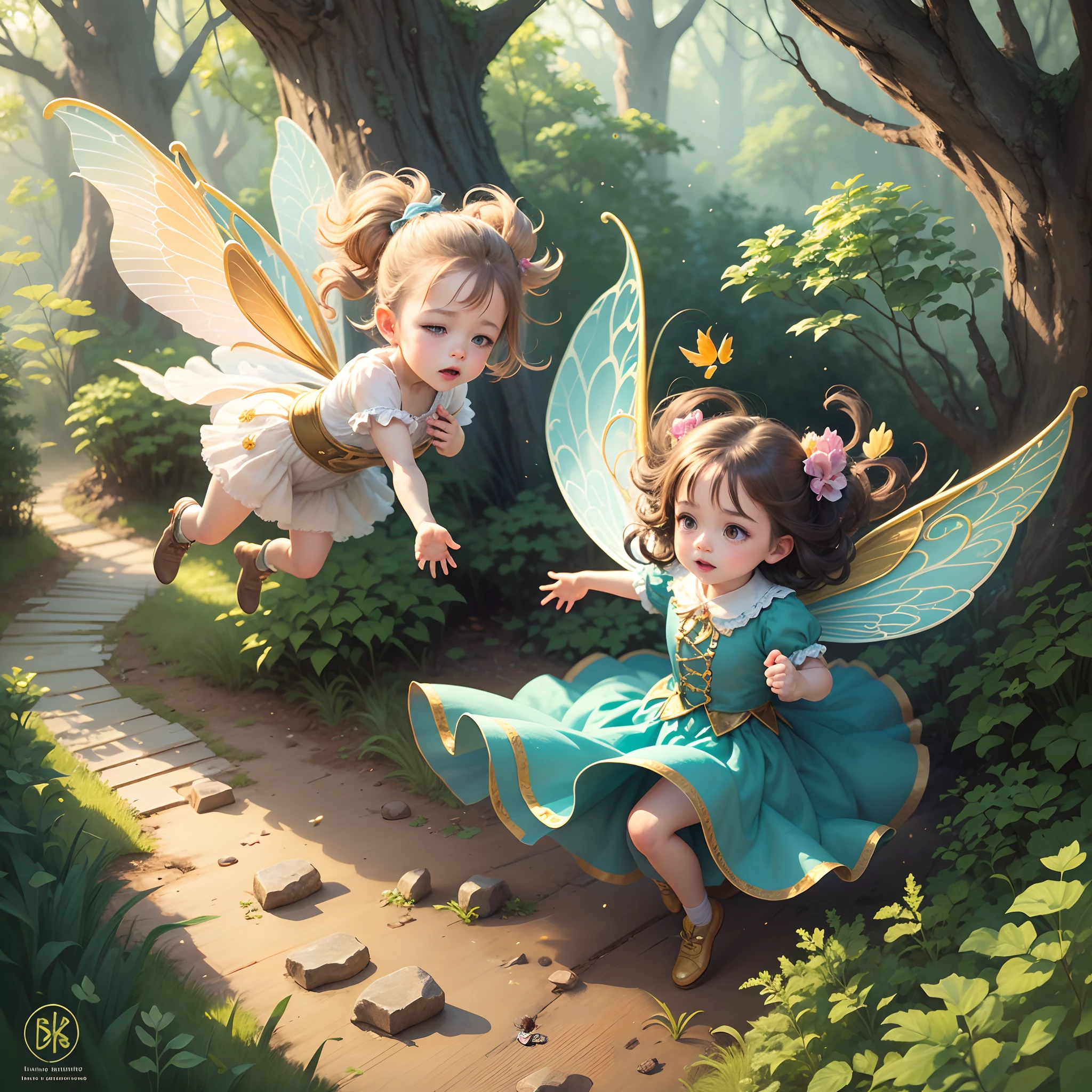 Little fairy flying and leaving in the air the golden magic dust, cute children's book illustration, brilhante, linda --auto --s2