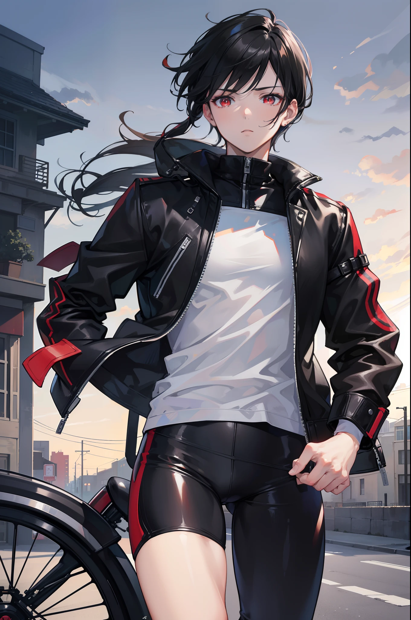 1 male, Beautiful boy, Body Length 180, 20 years old, (black short hair, Street hairstyle) , ((red eyes)), realistic eyes, beautiful and sharp eyes), Men's Clothing, Biker clothing, muscles, (8k wallpaper), (street background) 8k, Quilty Altitude, Realistic, Beautiful realism, outstanding detail, RAW photo, Realistic clothes, Black hair, realistic hair, realistic eyes, Light and cool lighting, realistic photo, Cel shaded, Gel lighting, ultra-detail, ((Street bike riding)), (In the morning)
